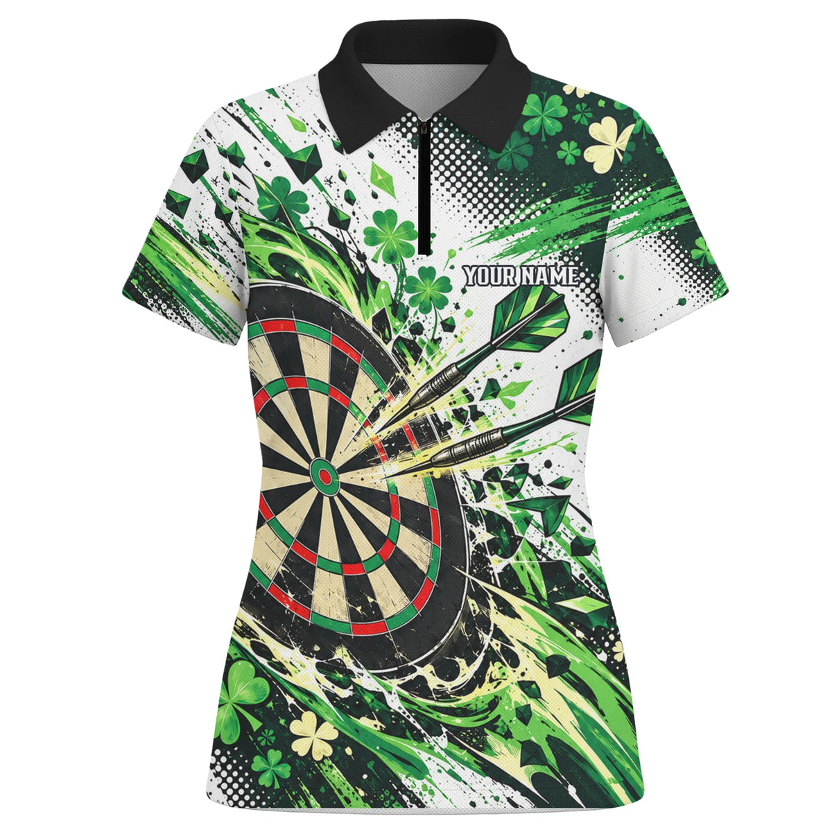 Personalisiertes Dartshirt in Grün, Schwarz und Weiß mit Kleeblättern und Dartscheibe für Damen J0950