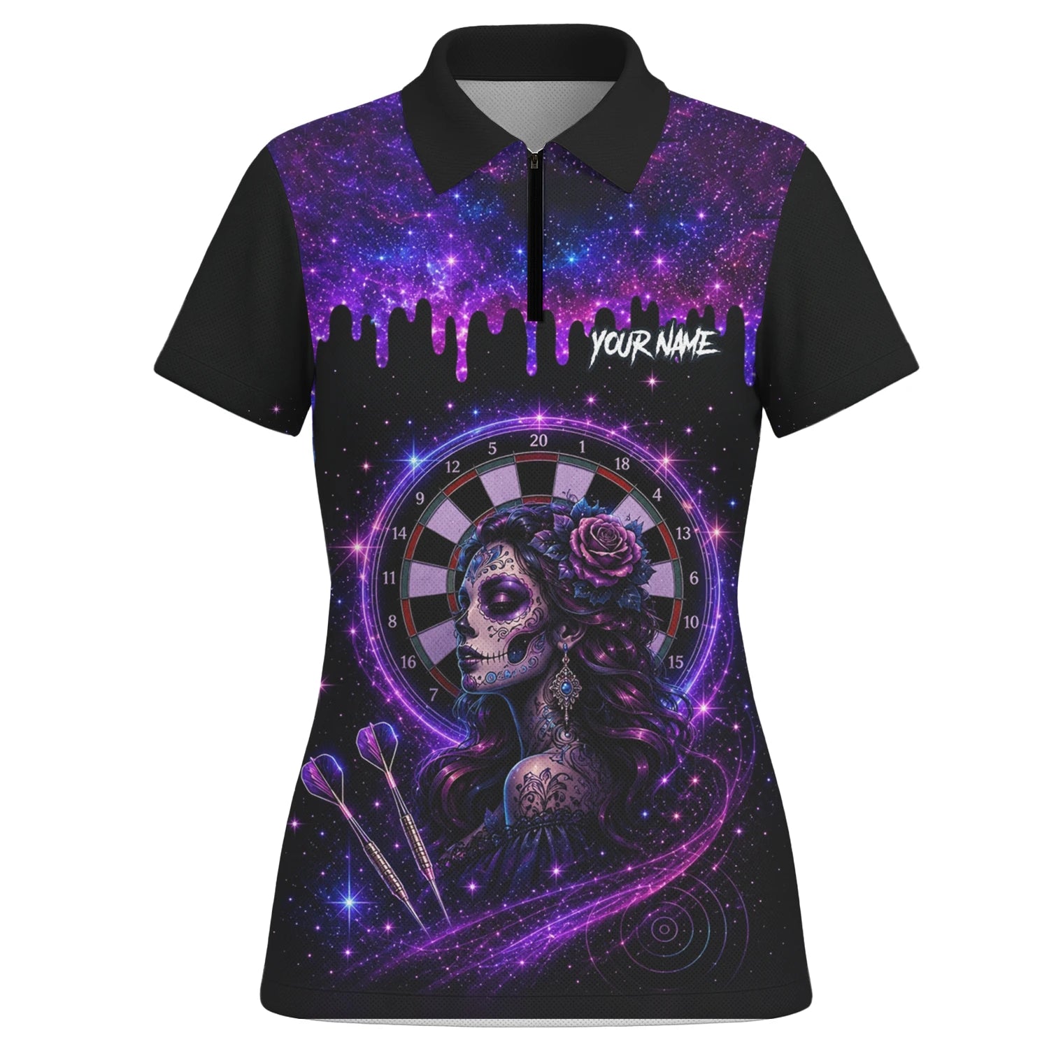 Personalisiertes Lila Galaxie Sugar-Skull-Dartshirt für Damen Z967