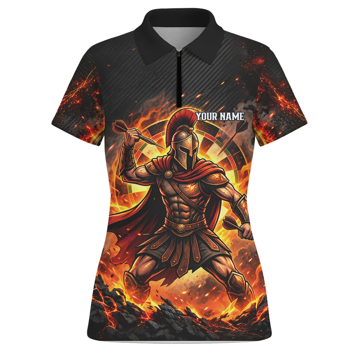 Personalisiertes Dartshirt in Schwarz, Rot und Orange mit spartanischem Krieger, Flammen und Dartscheibe für Damen X1710