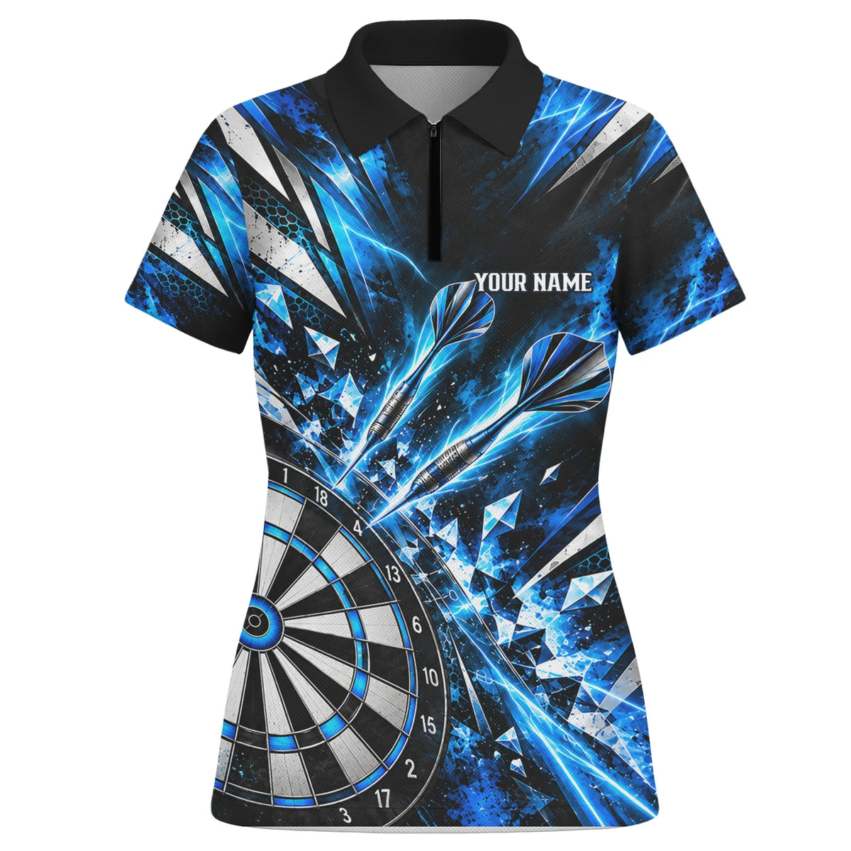Personalisiertes Dartshirt in Schwarz, Blau und Silber mit geometrischen Splittern, Dartpfeilen und Dartscheibe für Damen N0176