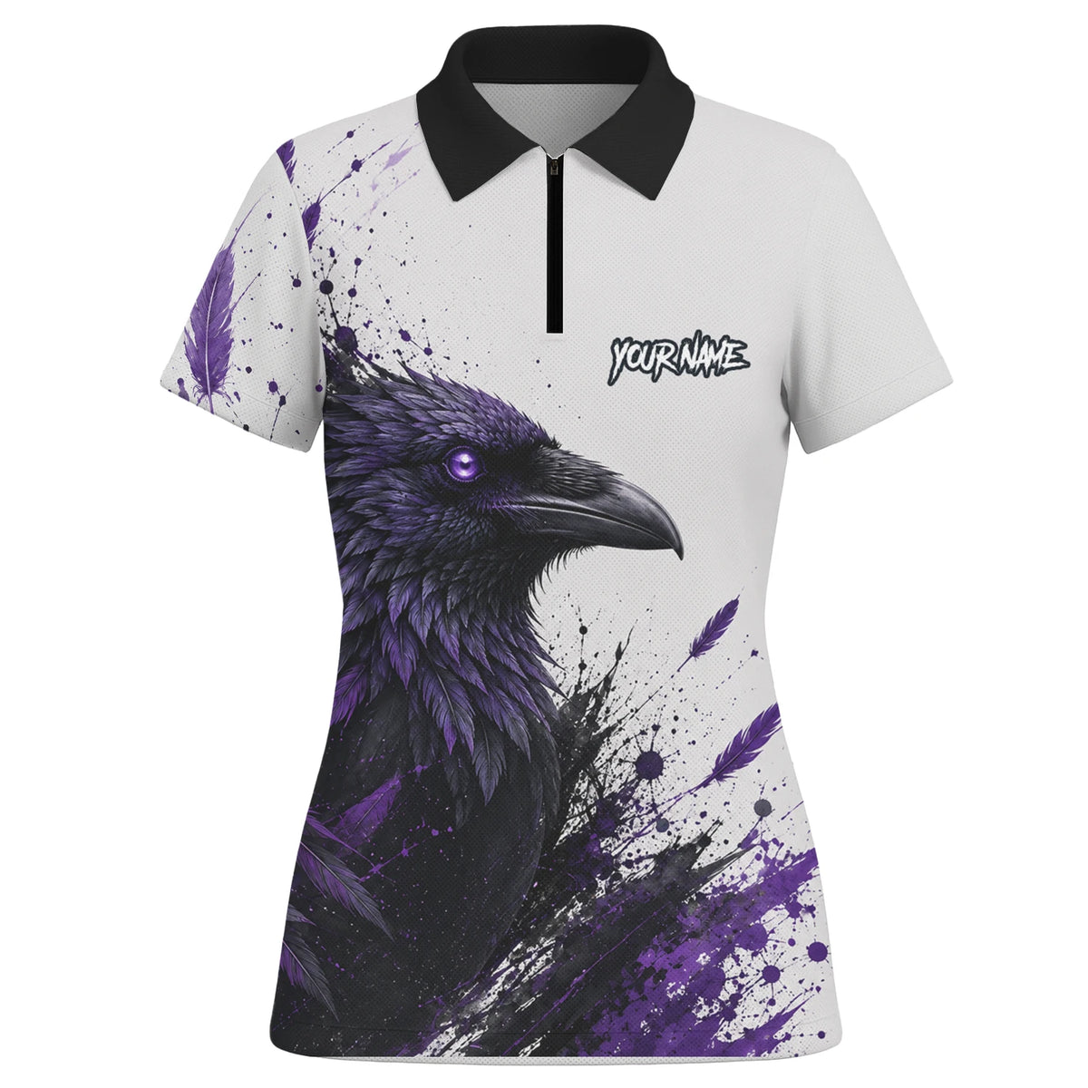 Personalisiertes Dartshirt mit weiß-schwarz-violettem Raben für Damen Z888