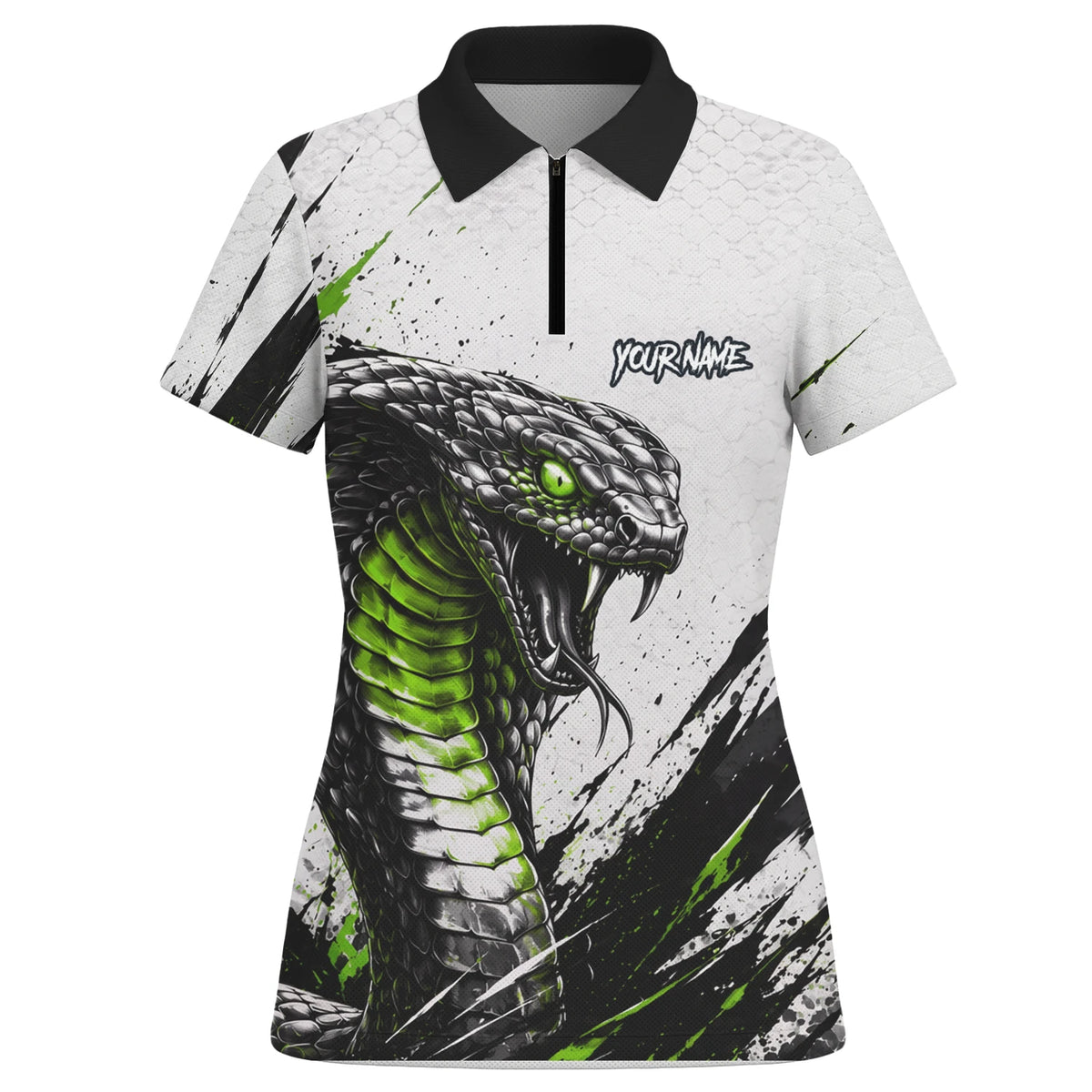 Personalisiertes Dartshirt mit weiß-schwarz-grüner Kobra für Damen A017