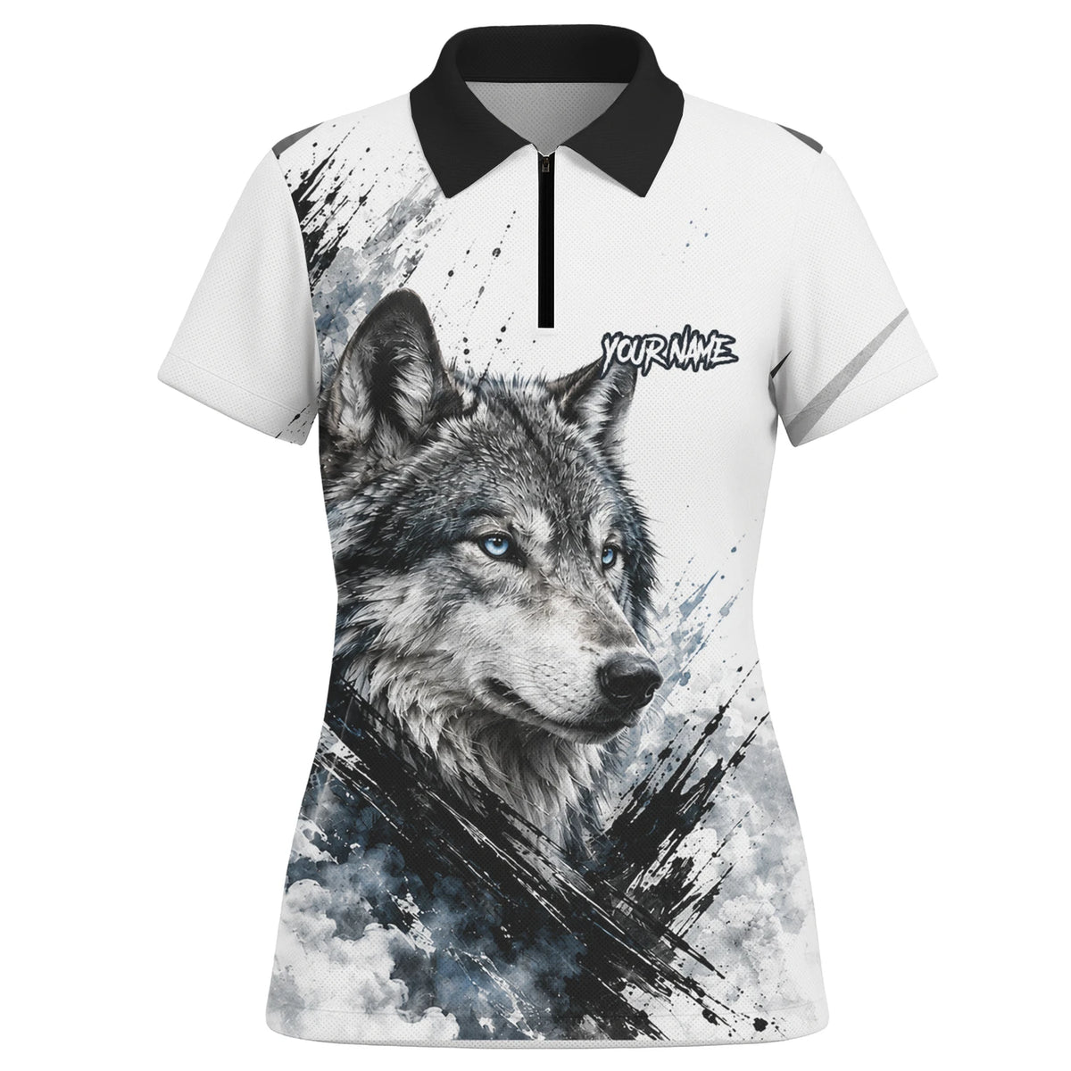 Personalisiertes Dartshirt mit weiß-schwarz-blauem Wolf für Damen P634