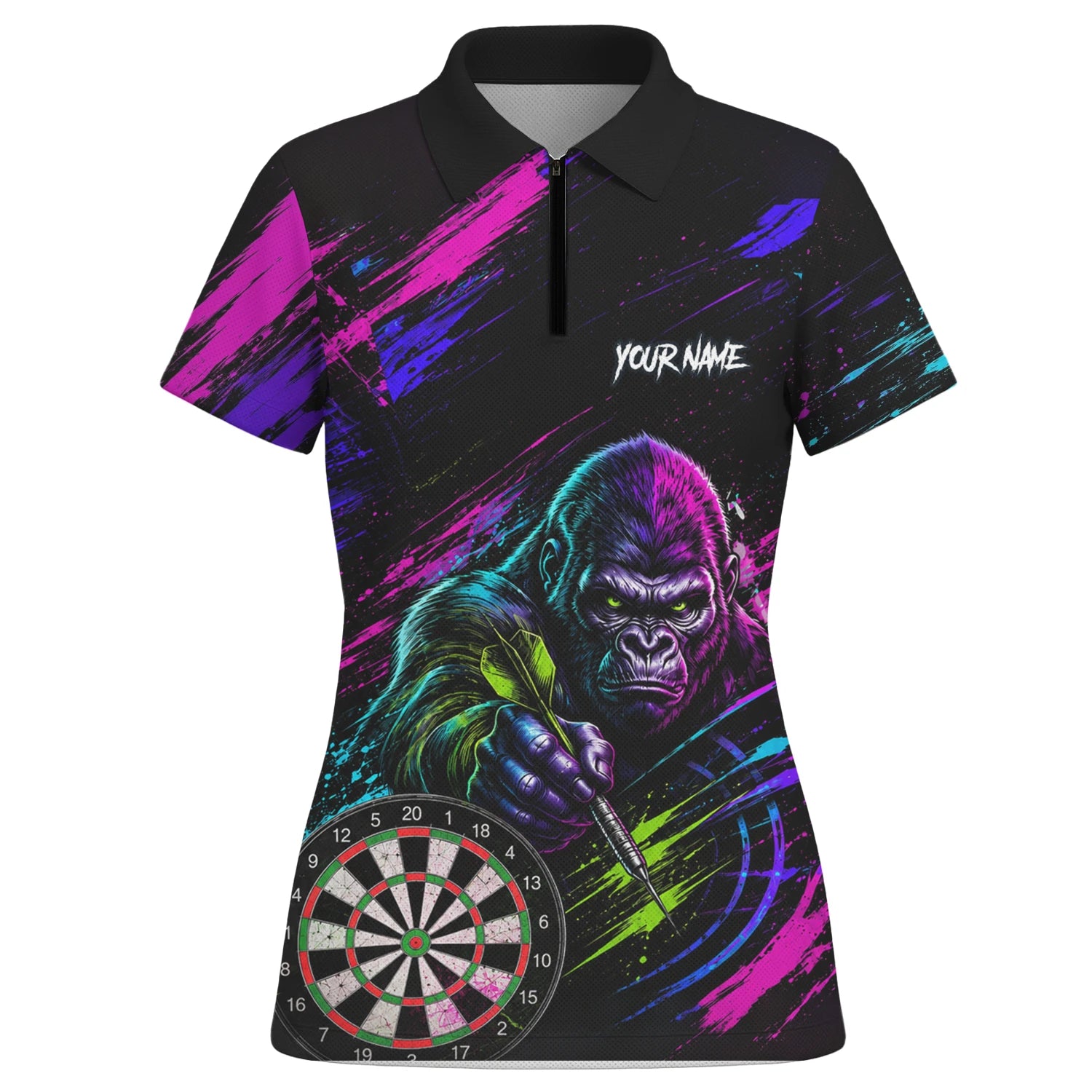 Personalisiertes Schwarz-pink-lila Gorilla-Dartshirt für Damen U874