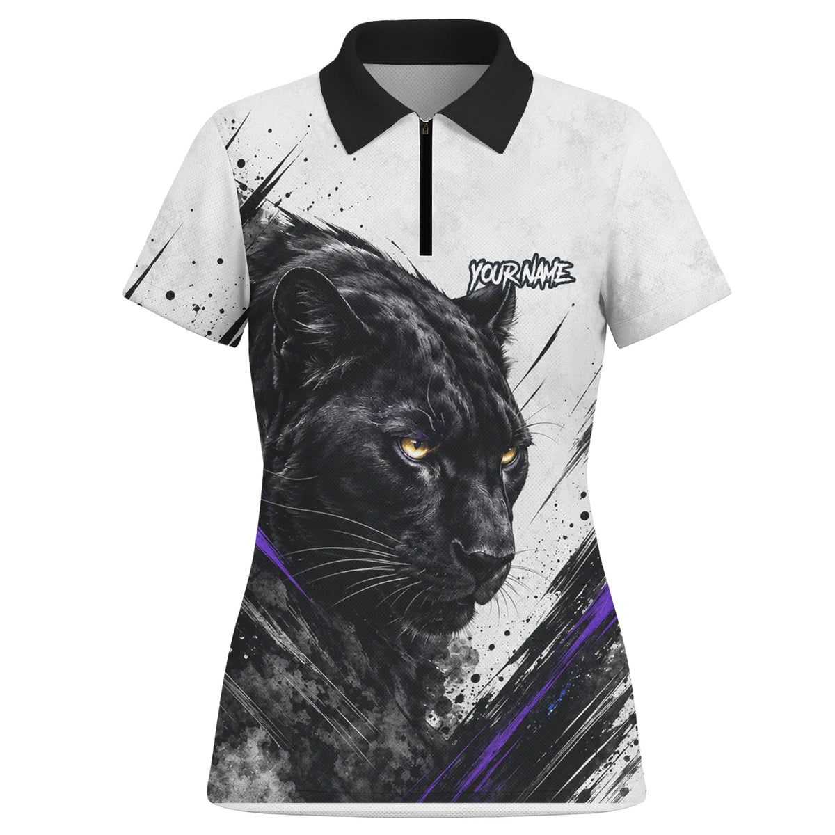 Personalisiertes Dartshirt mit weiß-schwarz-violettem Panther für Damen W442