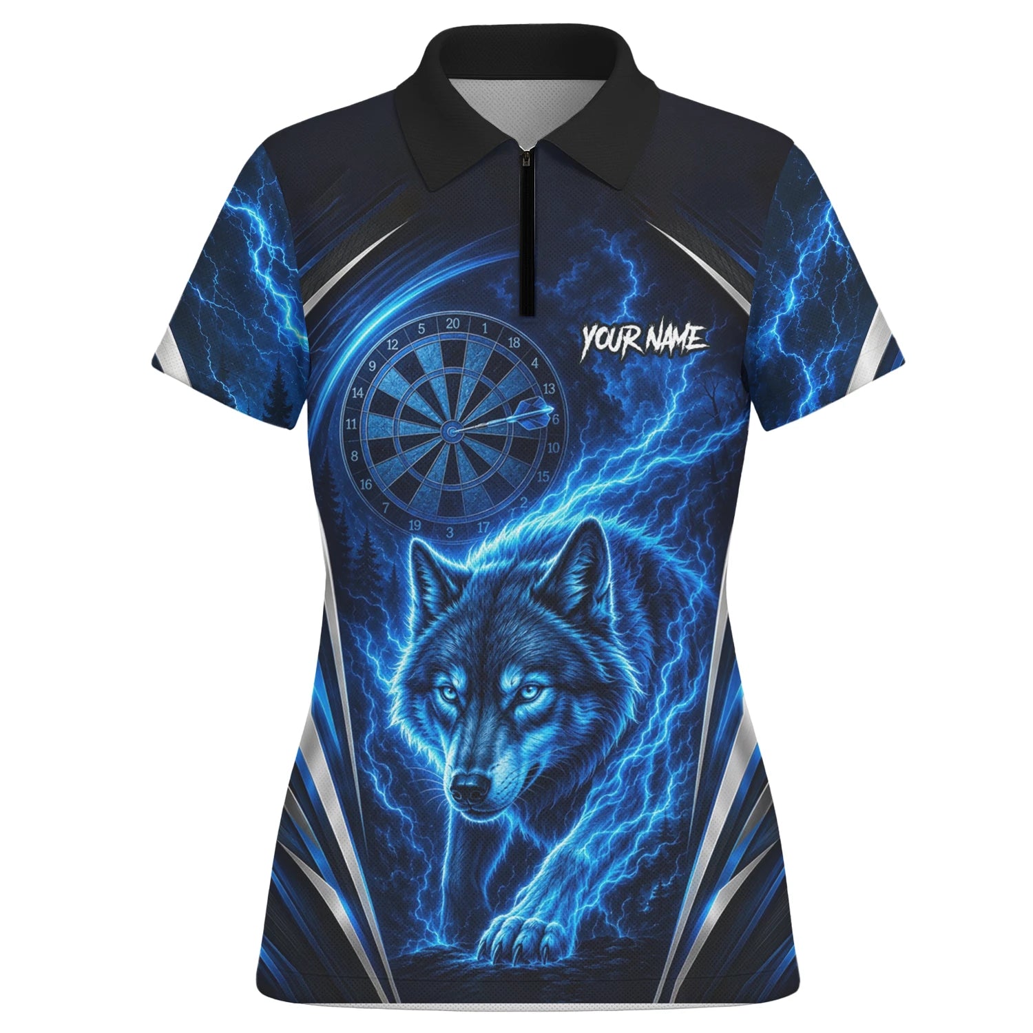 Personalisiertes Schwarz-blaues Wolf-Blitz-Dartshirt für Damen X929