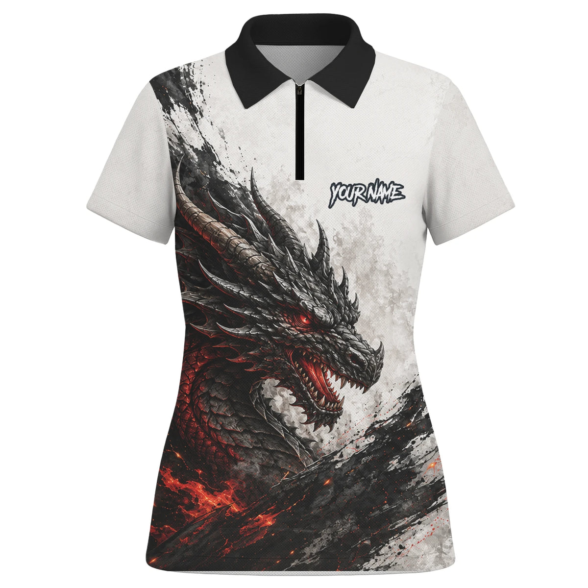 Personalisiertes Dartshirt mit weiß-schwarz-rotem Drachen für Damen Z061