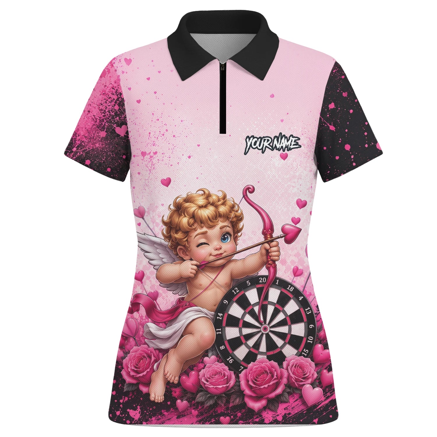 Personalisiertes Pink-schwarzes Amor-Dartboard Dartshirt für Damen I643