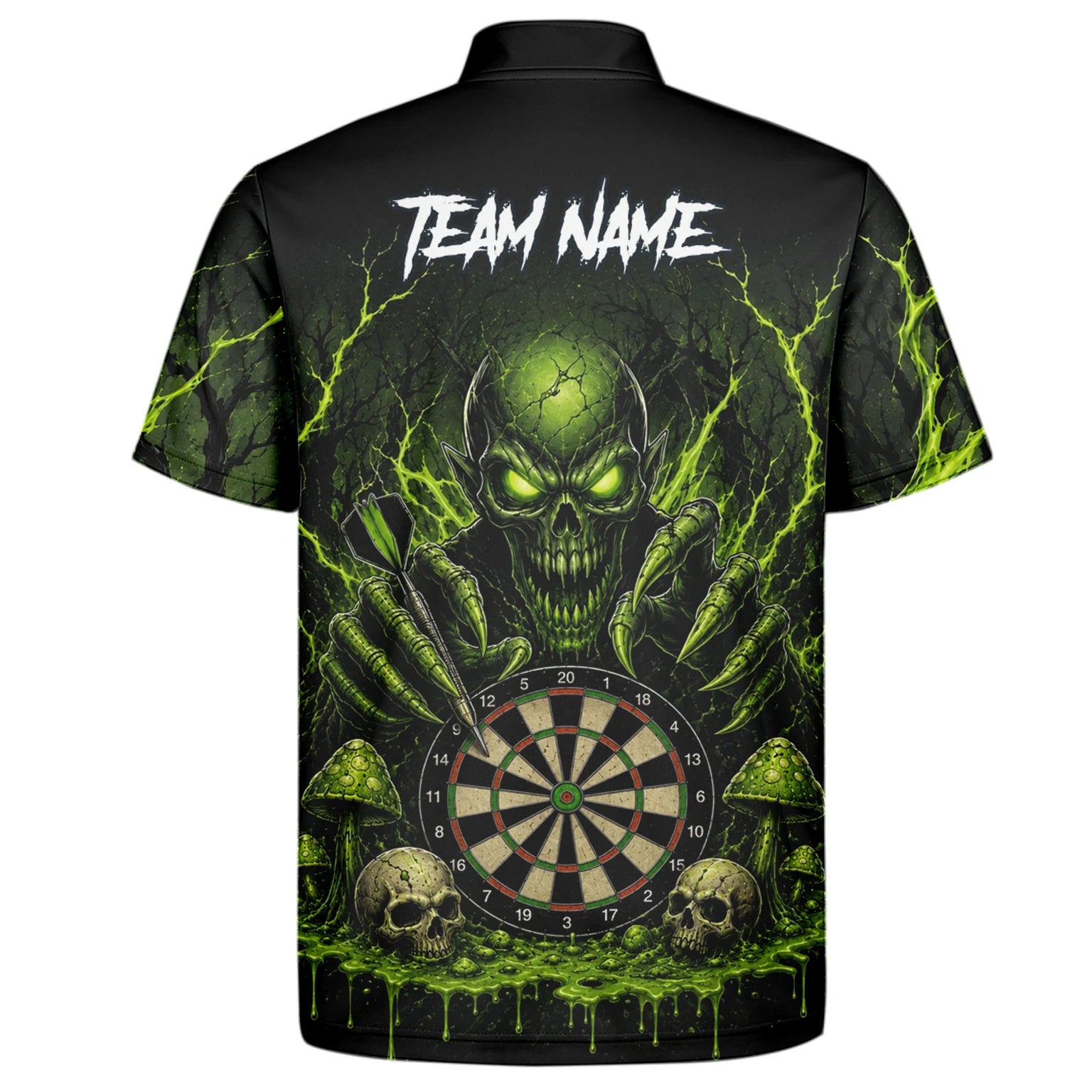 Personalisiertes Schwarz-grünes Monster-Totenkopf-Dartboard Dartshirt für Herren A277