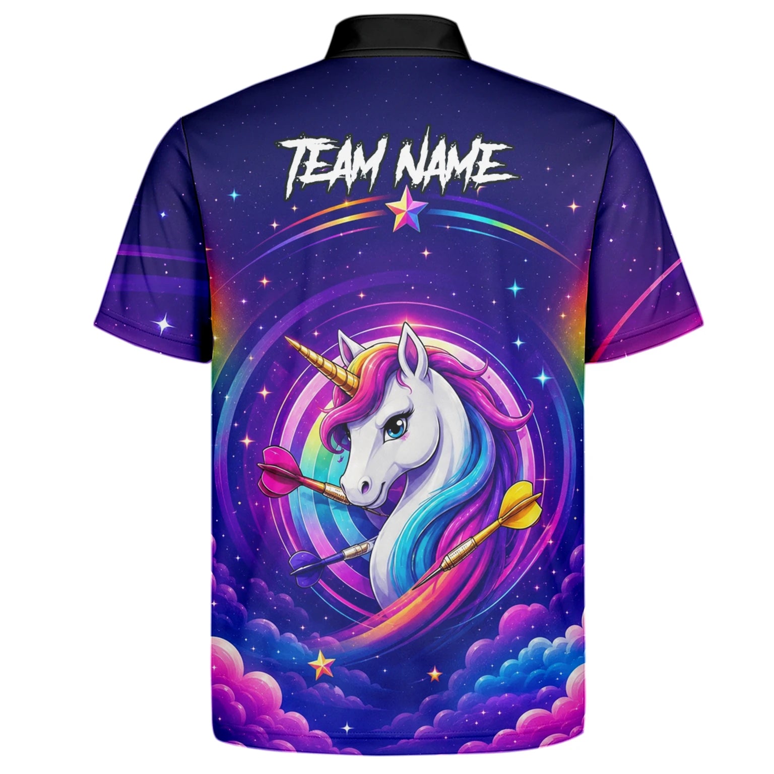 Personalisiertes Violettes Regenbogen-Einhorn-Dartshirt für Herren P431
