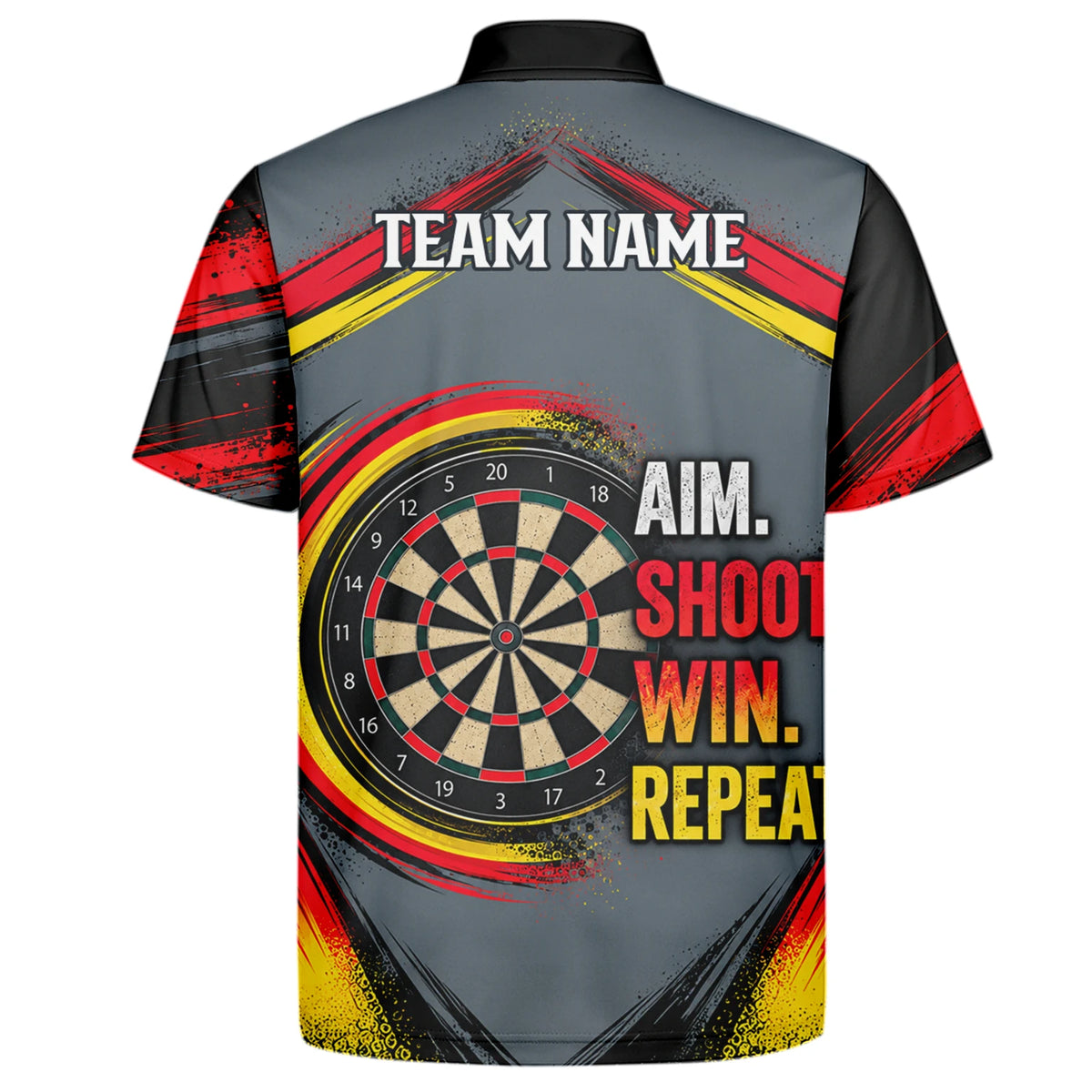 Personalisiertes Dartshirt in Grau, Schwarz, Rot und Gelb mit Dartpfeilen und Dartscheibe für Herren E2718