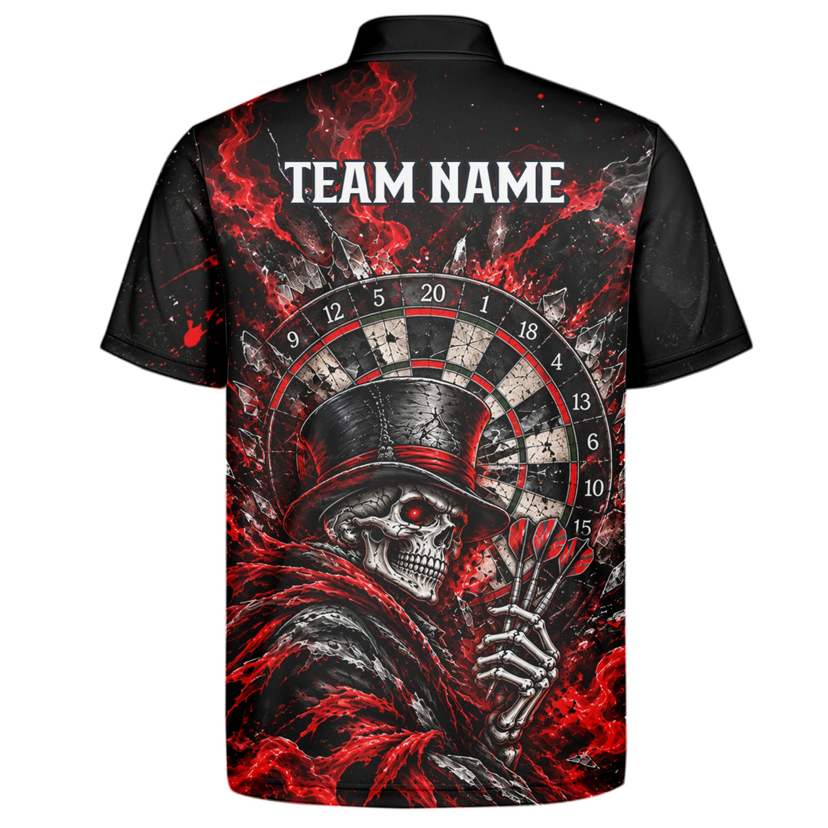 Personalisiertes Dartshirt in Schwarz und Rot mit Skelett, Zylinder, Dartpfeilen und Dartscheibe für Herren R5016