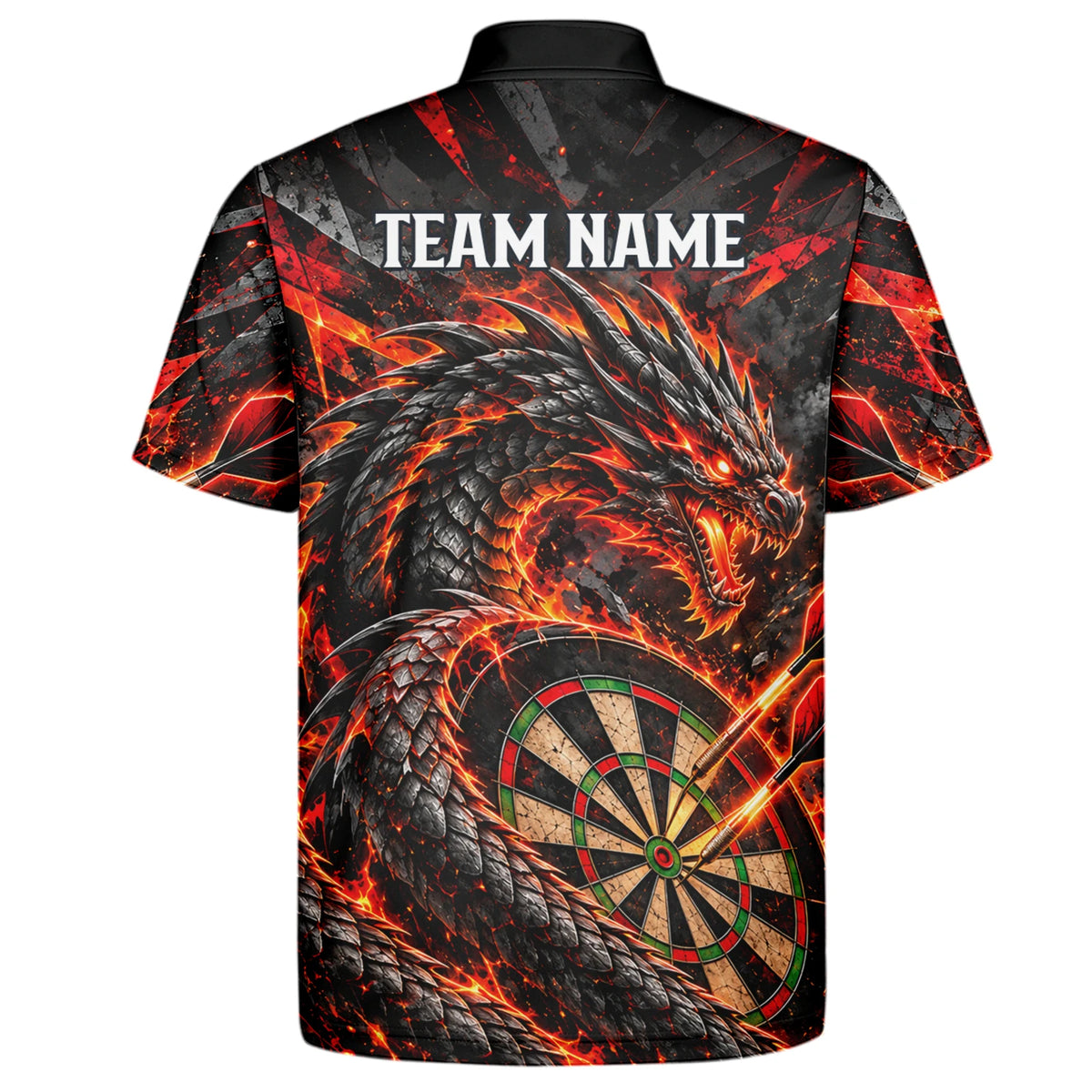 Personalisiertes Dartshirt mit schwarz-rotem Feuerdrachen und Dartscheibe für Herren B0683
