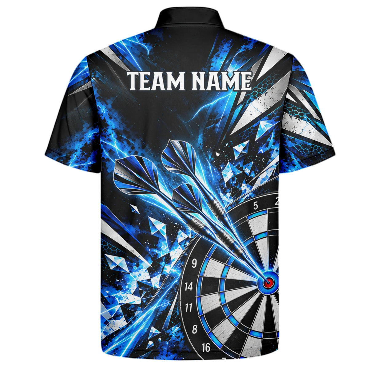 Personalisiertes Dartshirt in Schwarz, Blau und Silber mit geometrischen Splittern, Dartpfeilen und Dartscheibe für Herren N0176