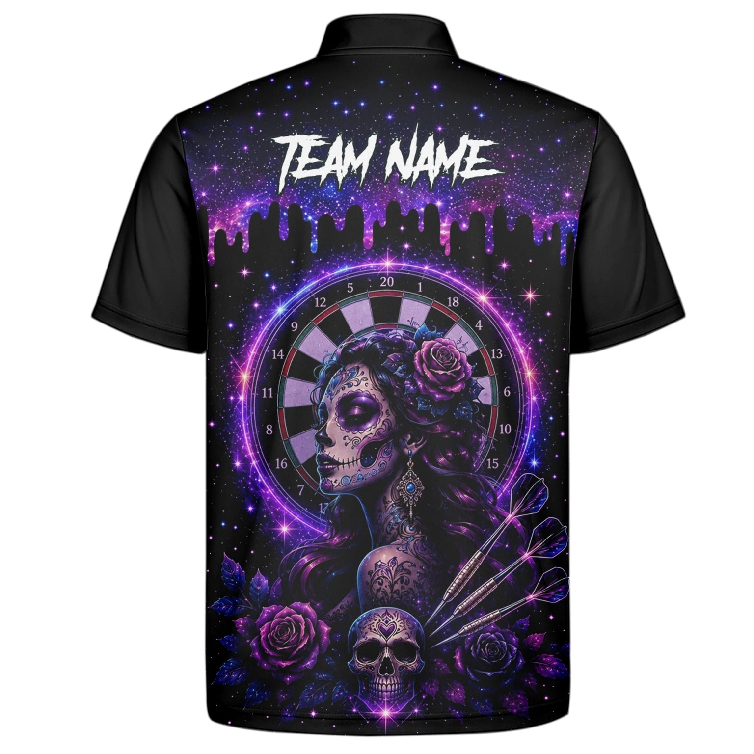 Personalisiertes Lila Galaxie Sugar-Skull-Dartshirt für Herren Z967