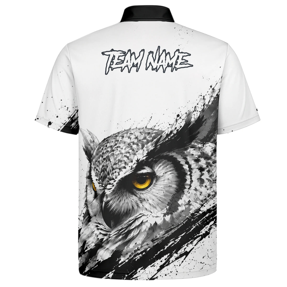 Personalisiertes Dartshirt mit weiß-schwarz-gelber Eule für Herren P128
