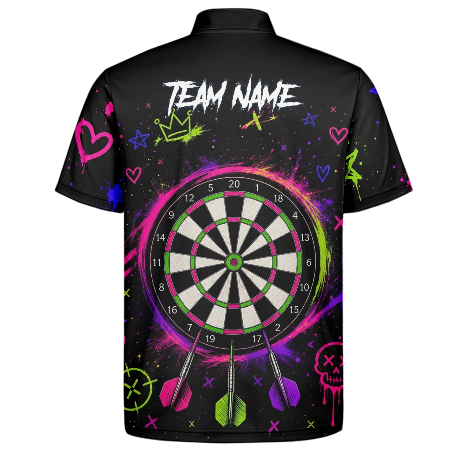 Personalisiertes Schwarz-neonfarbenes Sugar-Skull-Frauen-Dartshirt für Herren K745