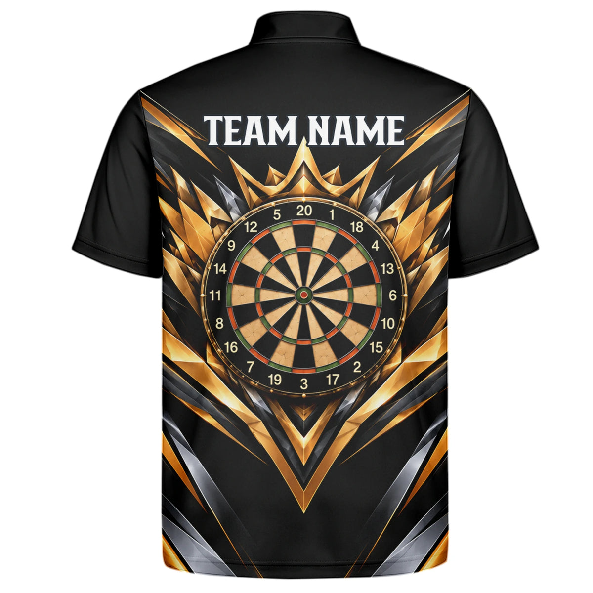 Personalisiertes Dartshirt in Schwarz, Gold und Weiß mit geometrischen Linien, Dartpfeilen, Krone und Dartscheibe für Herren V3775