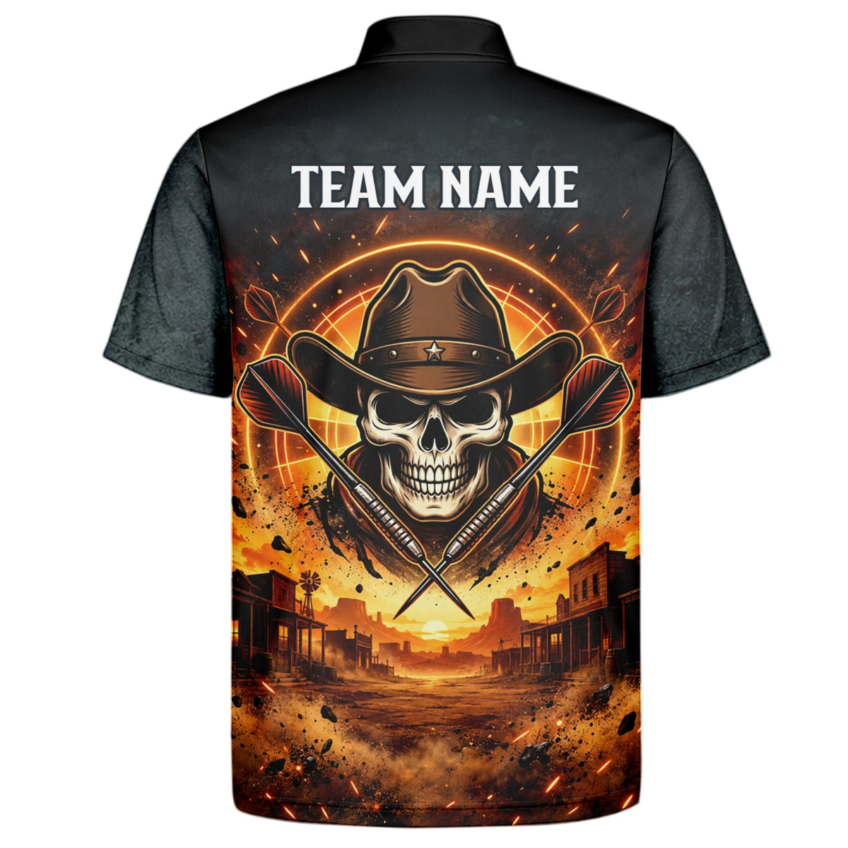 Personalisiertes Dartshirt in Schwarz und Orange mit Western-Cowboy-Totenkopf und Dartscheibe für Herren L8691