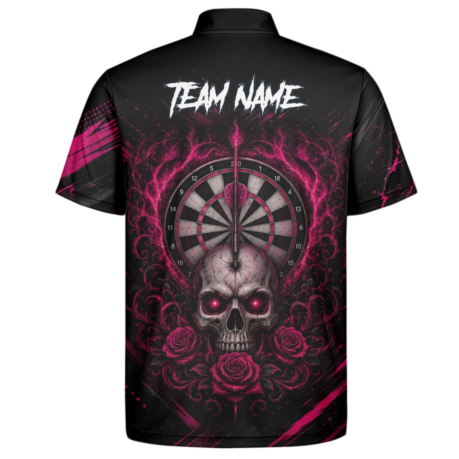Personalisiertes Schwarz-pink Totenkopf-und-Rosen-Dartshirt für Herren V308