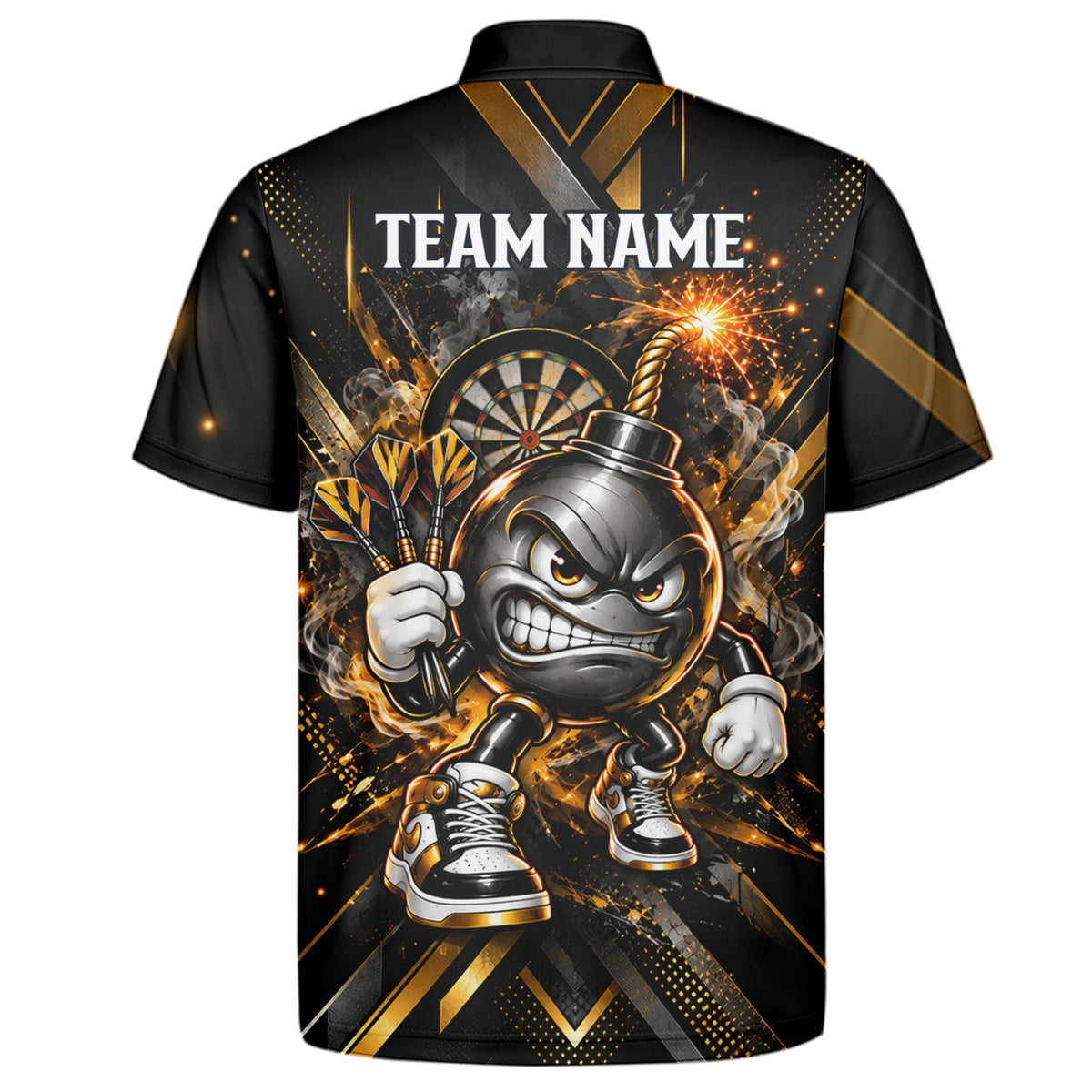 Personalisiertes Dartshirt in Schwarz und Gold mit wütender Comic-Bombe, Pokal und Dartscheibe für Herren R0150