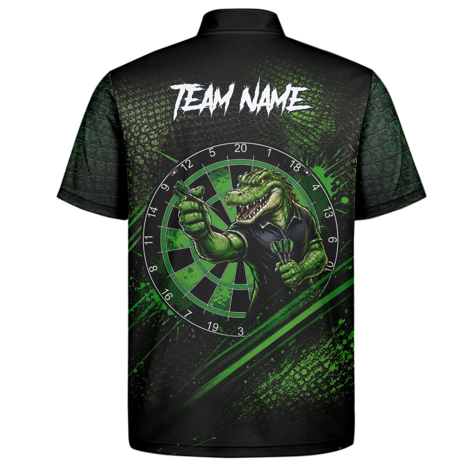 Personalisiertes Grün-schwarzes Alligator-Dartspieler-Dartshirt für Herren I987