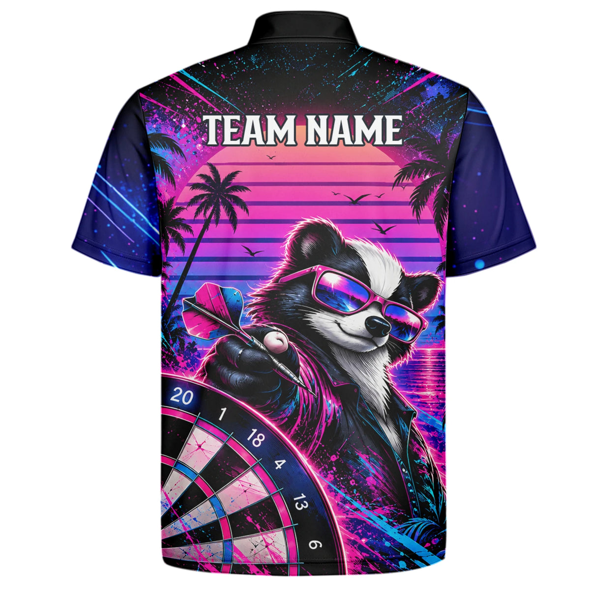 Personalisiertes Dartshirt in Pink, Lila und Blau mit Neon-Waschbären, Palmen, Sonnenuntergang und Dartscheibe für Herren N5114