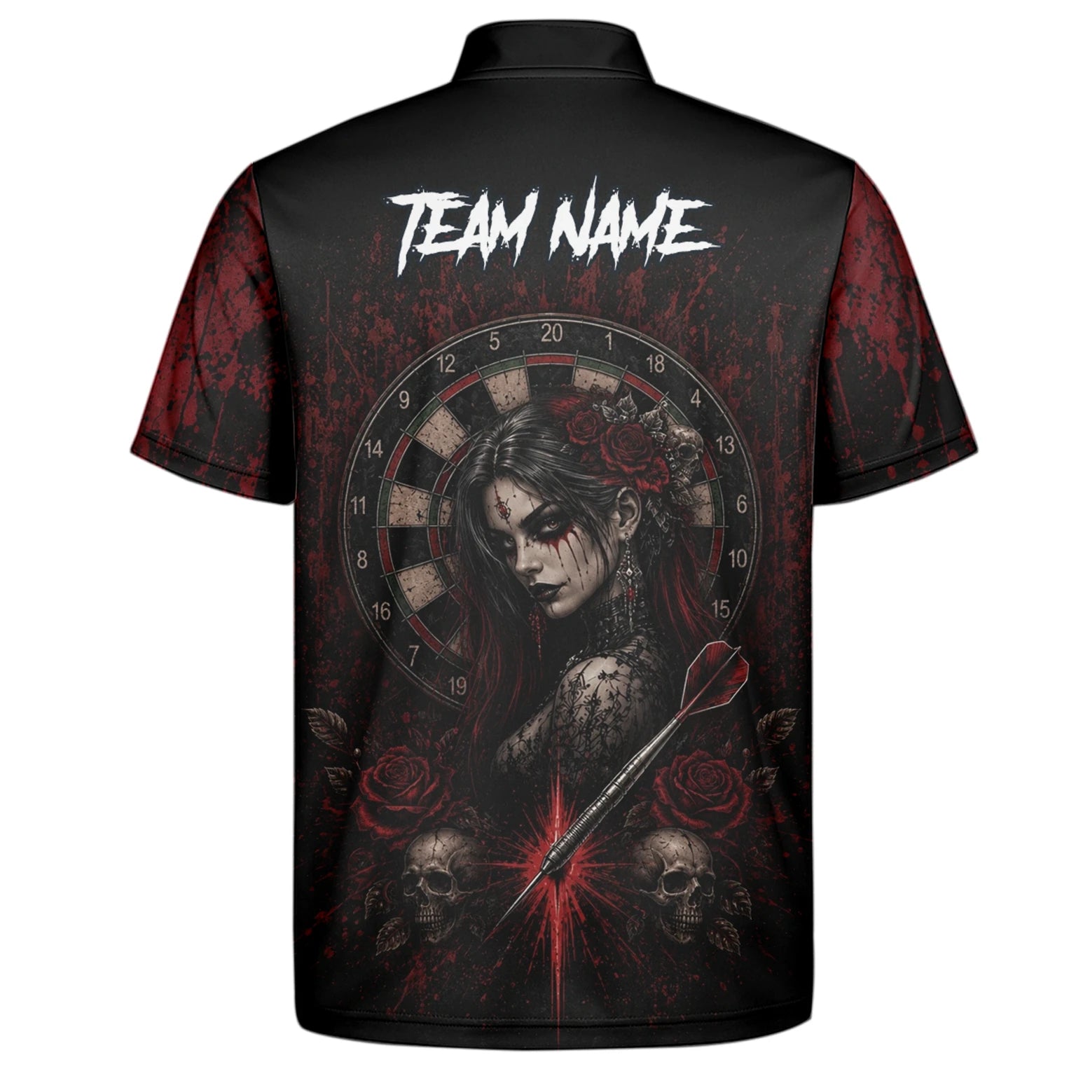 Personalisiertes Schwarz-rotes Gothic-Frauen-Totenkopf-Dartshirt für Herren W035