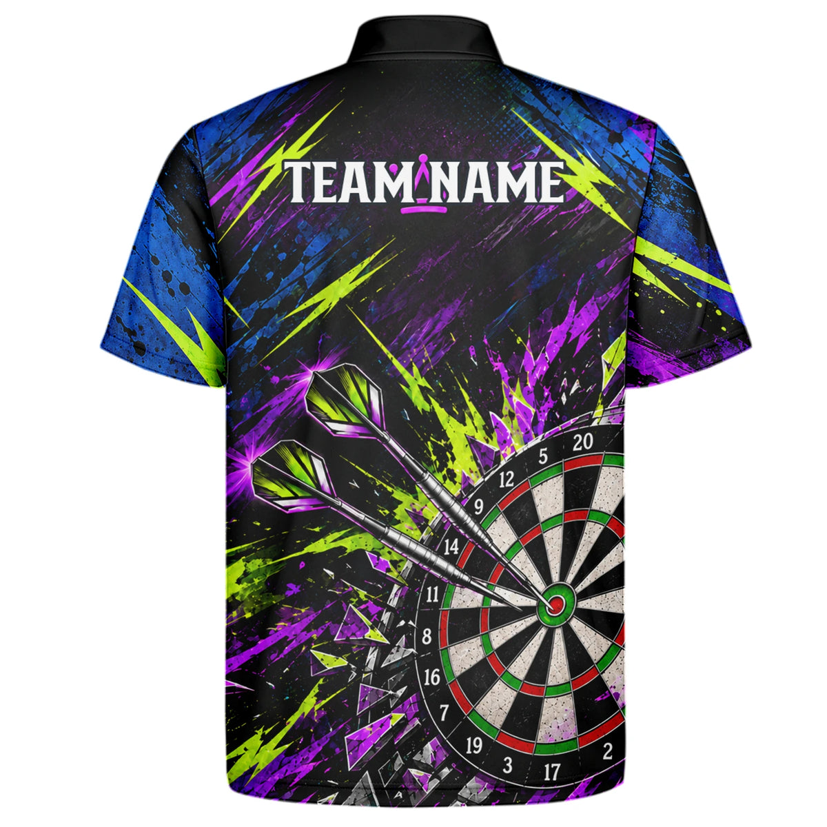 Personalisiertes Dartshirt in Schwarz, Grün und Lila mit grinsender Katze und Dartscheibe für Herren U0497