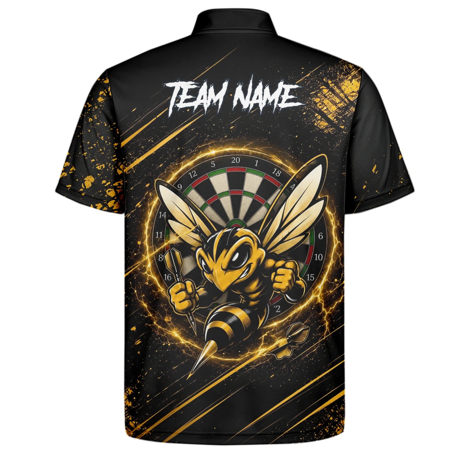Personalisiertes Schwarz-goldenes Bienen-Dartboard Dartshirt für Herren L410