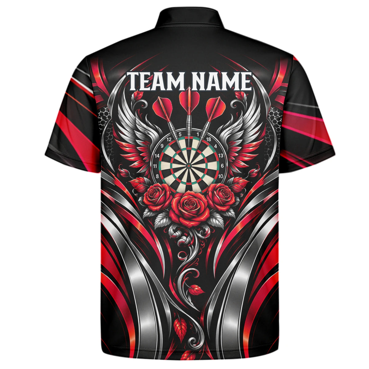 Personalisiertes Dartshirt in Schwarz, Rot und Silber mit Rosen, Flügeln und Dartscheibe für Herren Y2535