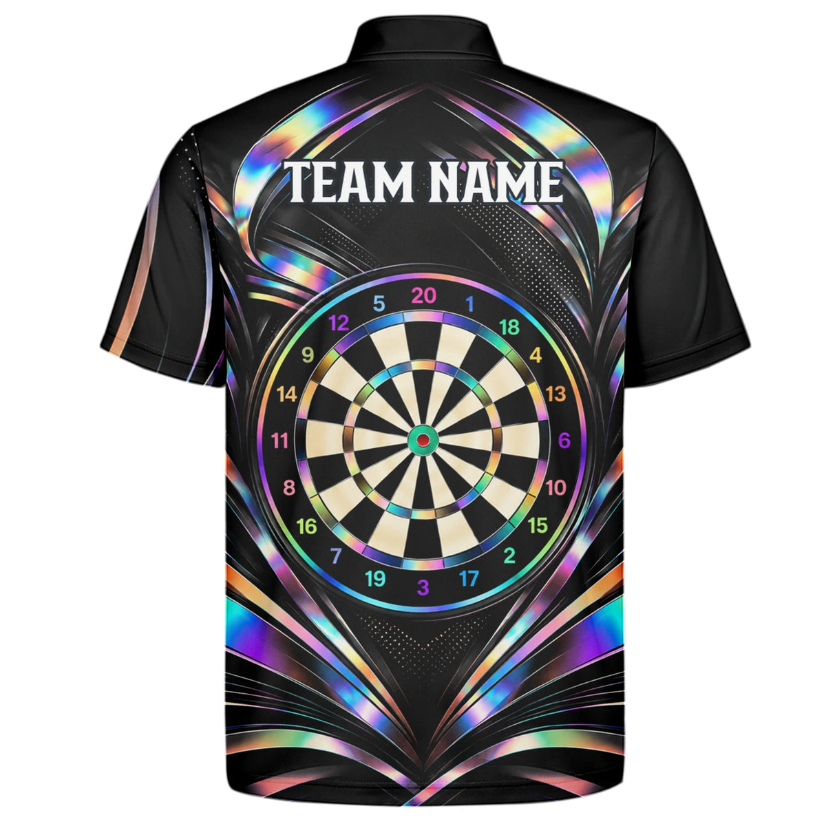Personalisiertes Dartshirt in Schwarz mit regenbogenfarbenen Schwüngen und Dartscheibe für Herren Y5240