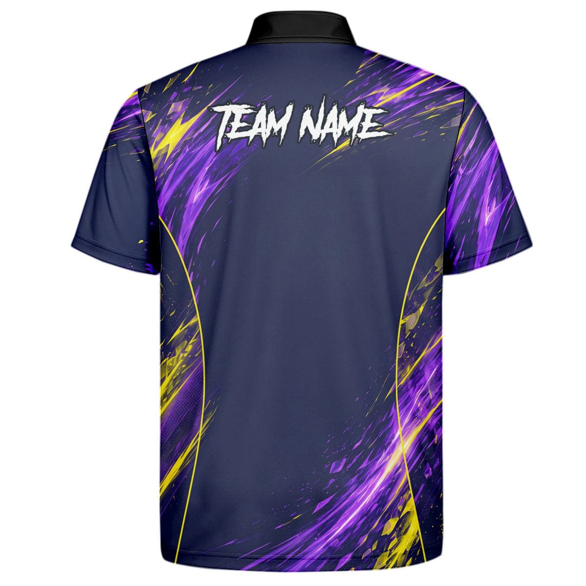 Personalisiertes Dartshirt mit dunkelblau-lila-gelbem abstraktem Design für Herren D517