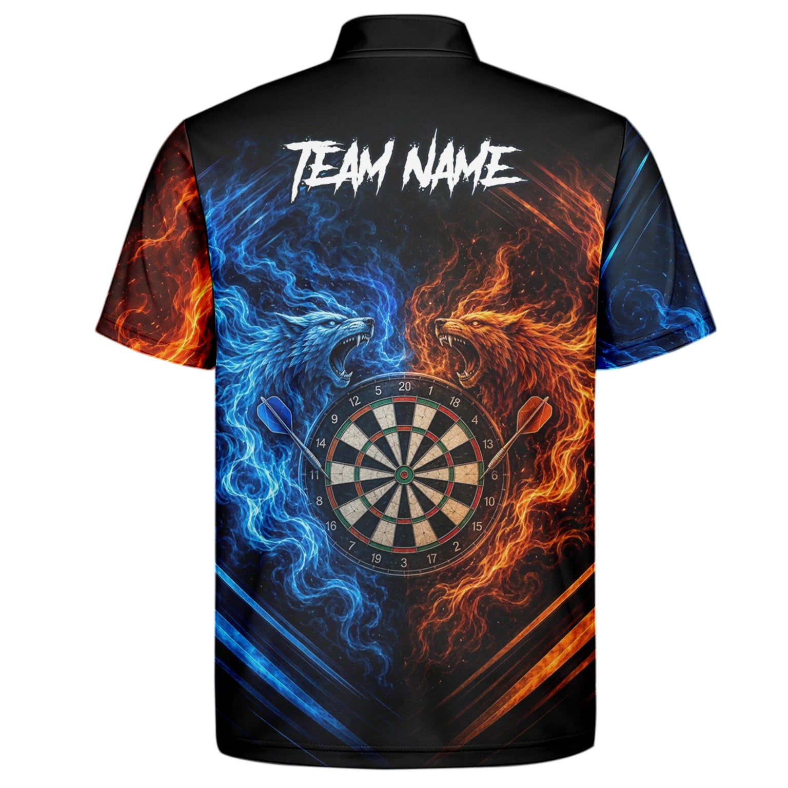 Personalisiertes Blau-oranges Wolf-Flammen-Dartboard Dartshirt für Herren A749