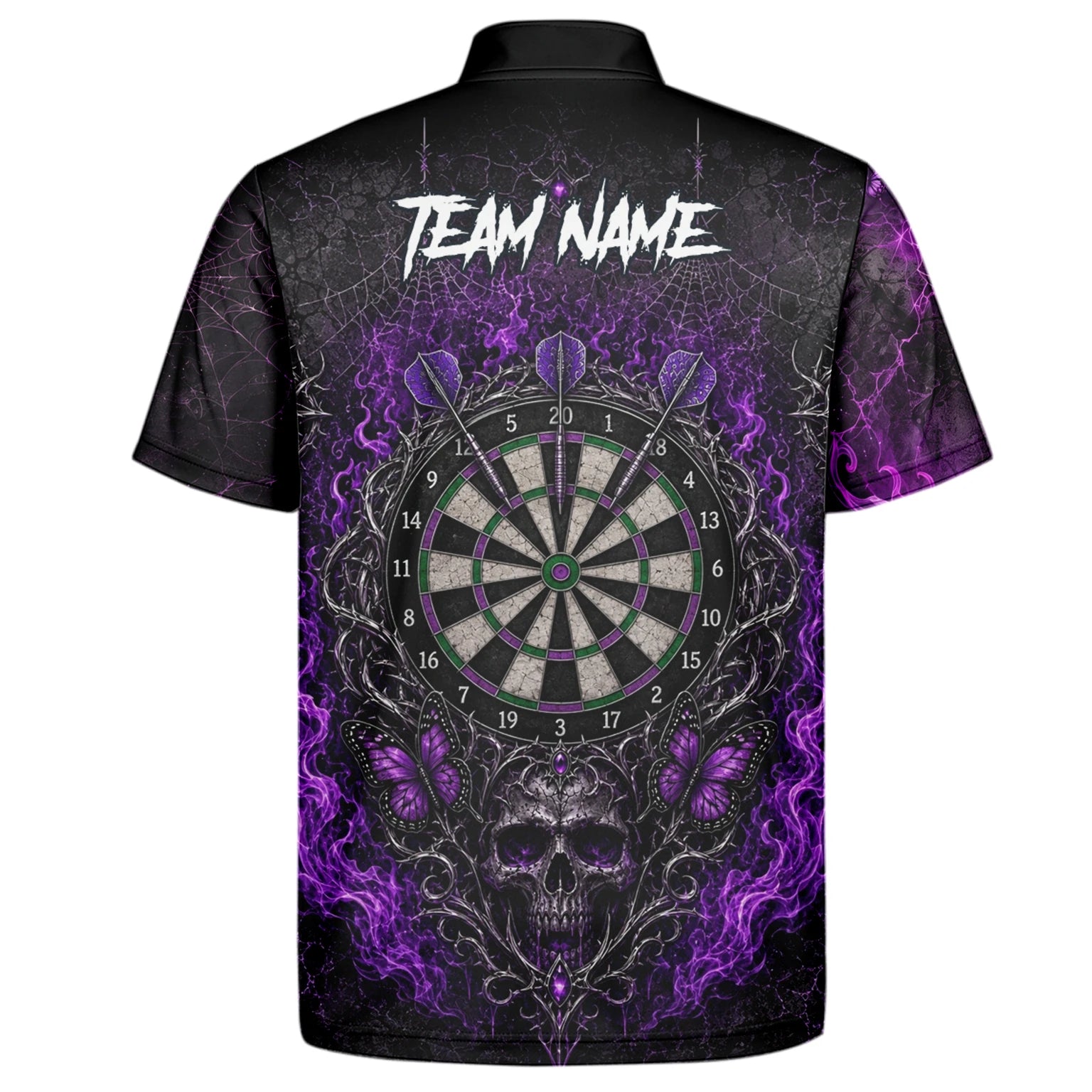 Personalisiertes Schwarz-lila Totenkopf-Schmetterling-Dartshirt für Herren Q241