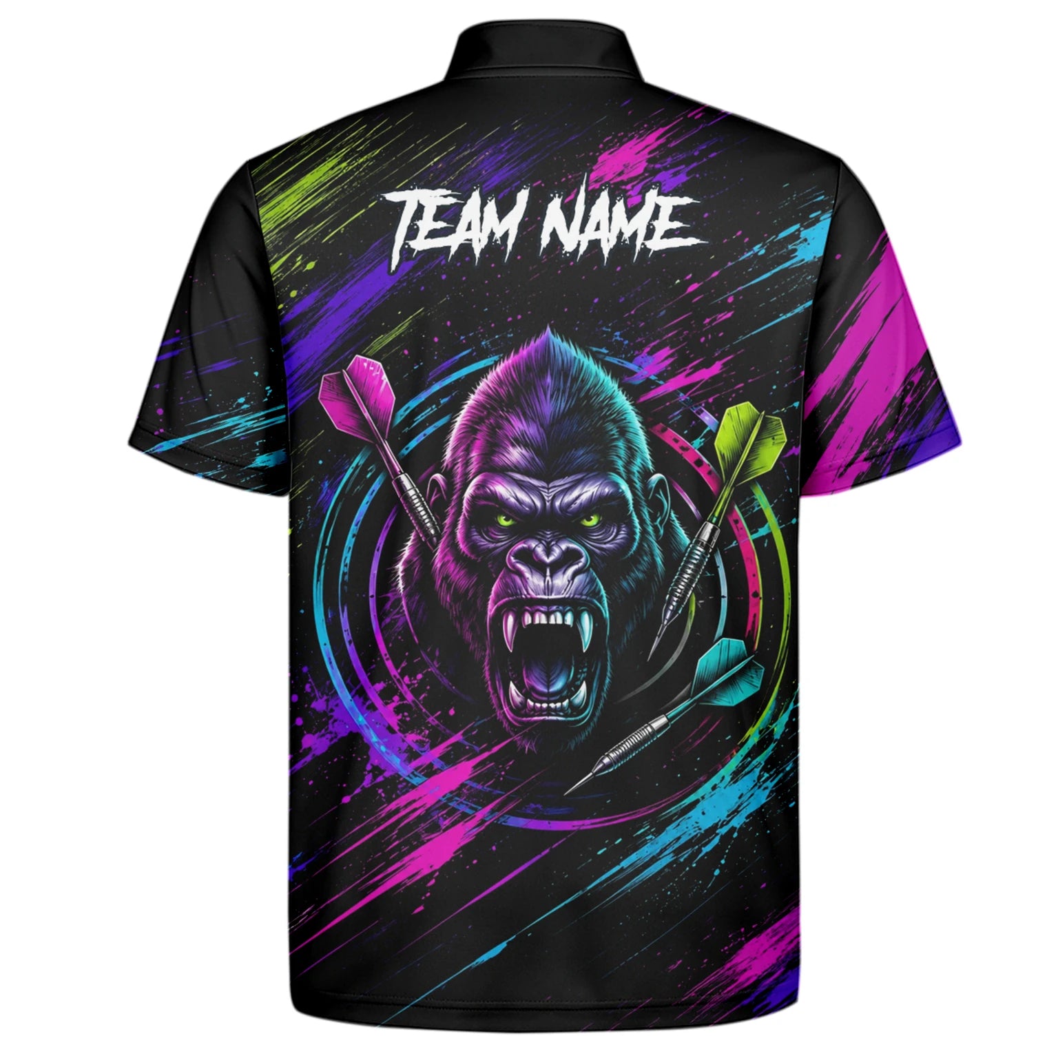 Personalisiertes Schwarz-pink-lila Gorilla-Dartshirt für Herren U874