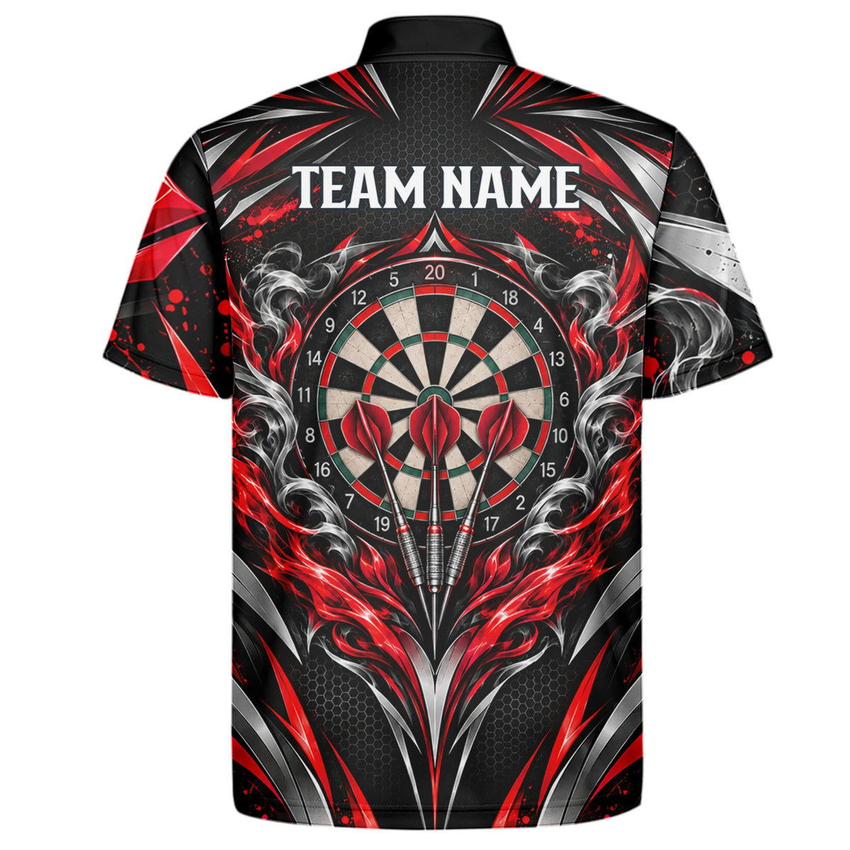 Personalisiertes Dartshirt in Schwarz, Rot und Silber mit geschwungenen Linien und Dartscheibe für Herren L9172