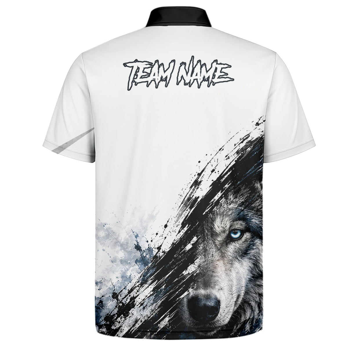 Personalisiertes Dartshirt mit weiß-schwarz-blauem Wolf für Herren P634