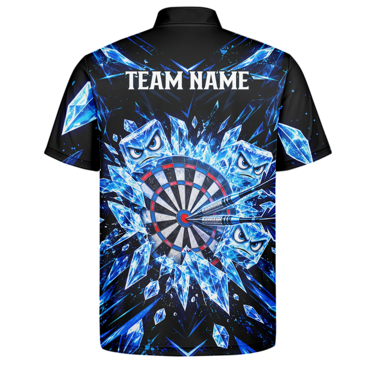 Personalisiertes Dartshirt in Schwarz und Blau mit Eiskristallen, Dartpfeilen und Dartscheibe für Herren X5114