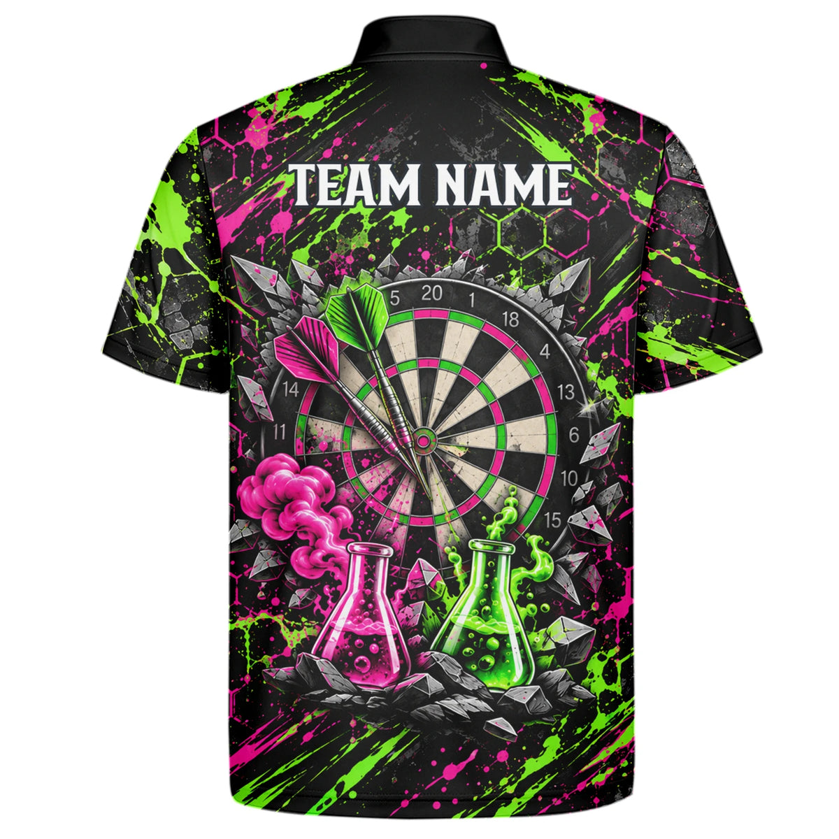 Personalisiertes Dartshirt in Schwarz, Grün und Pink mit verrücktem Wissenschaftler und Dartscheibe für Herren F9179
