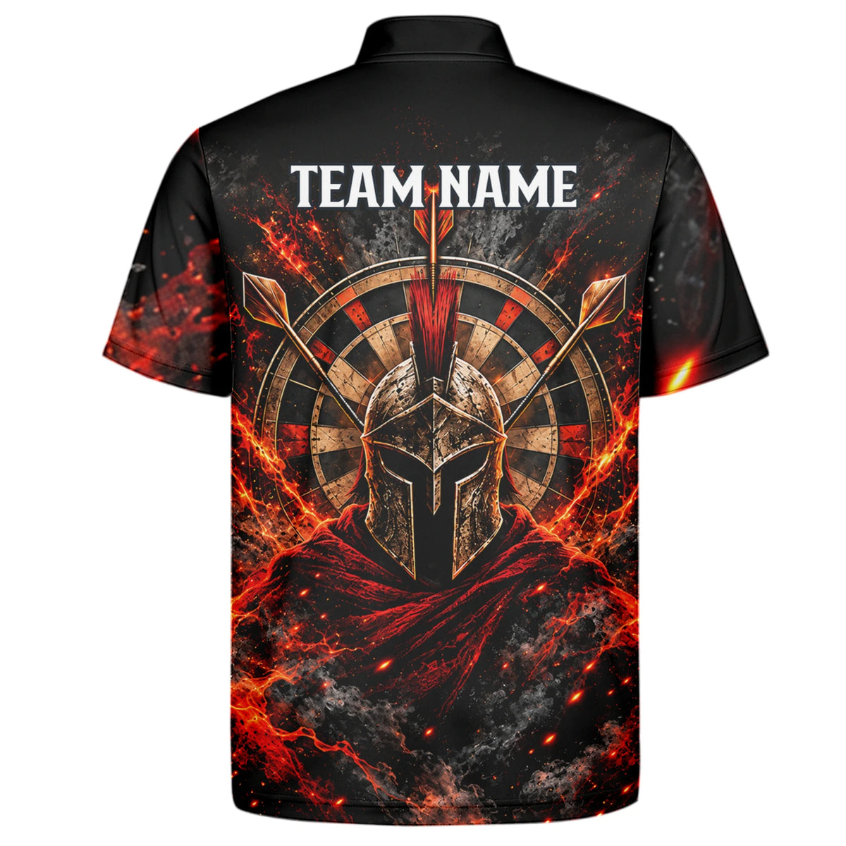 Personalisiertes Dartshirt in Schwarz, Rot und Orange mit Spartanerhelm, Flammen und Dartscheibe für Herren Z3444