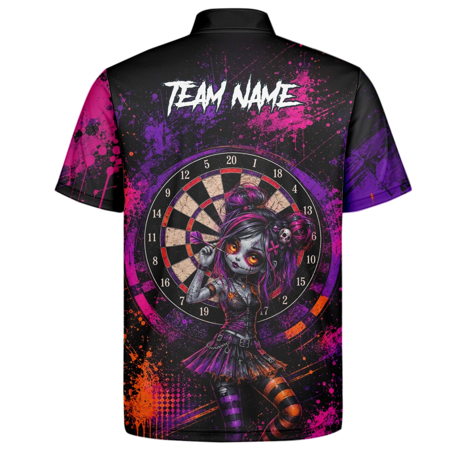 Personalisiertes Schwarz-lila-pink-oranges Gothic-Dartshirt für Herren Z641