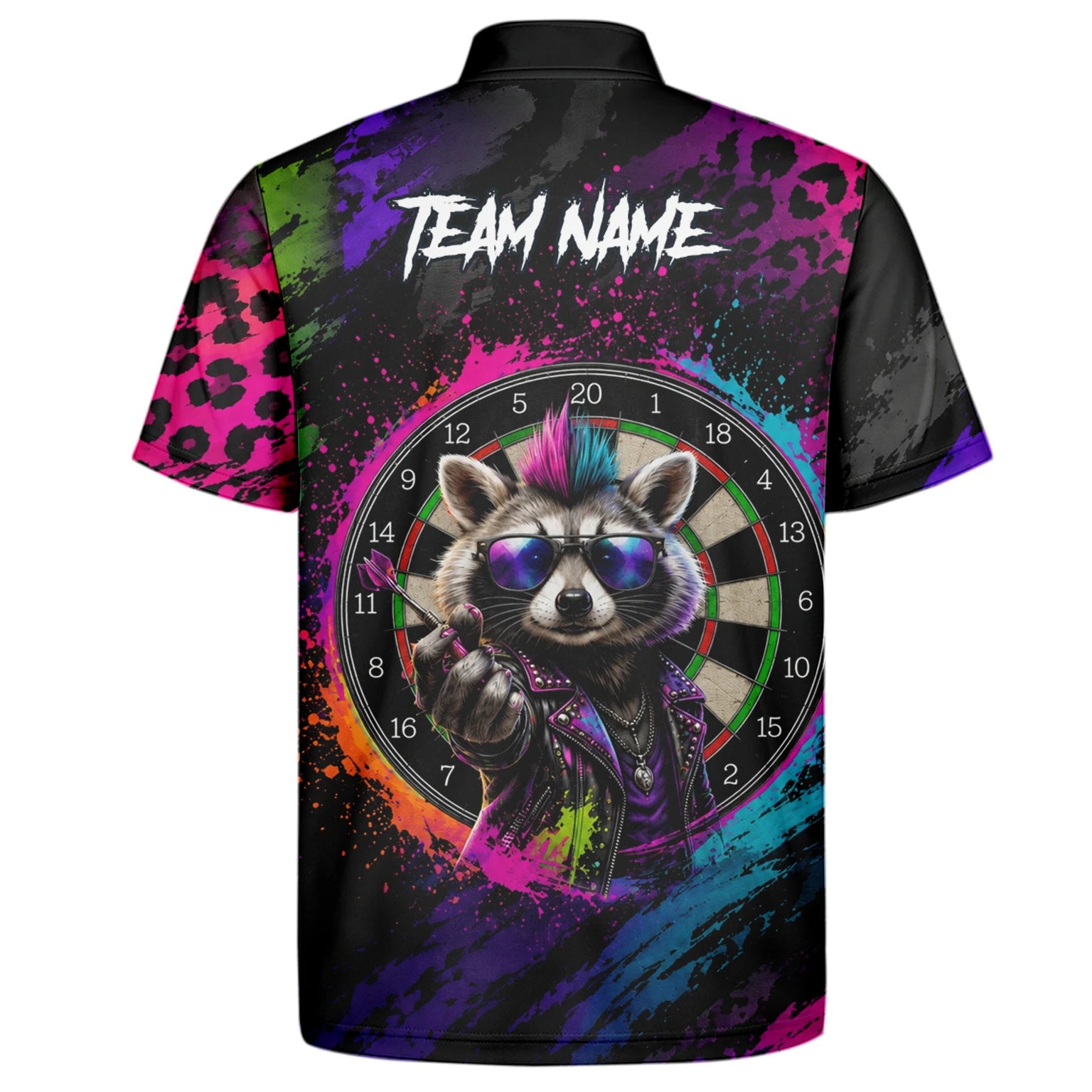 Personalisiertes Schwarz-buntes Punk-Waschbär-Dartboard Dartshirt für Herren E164