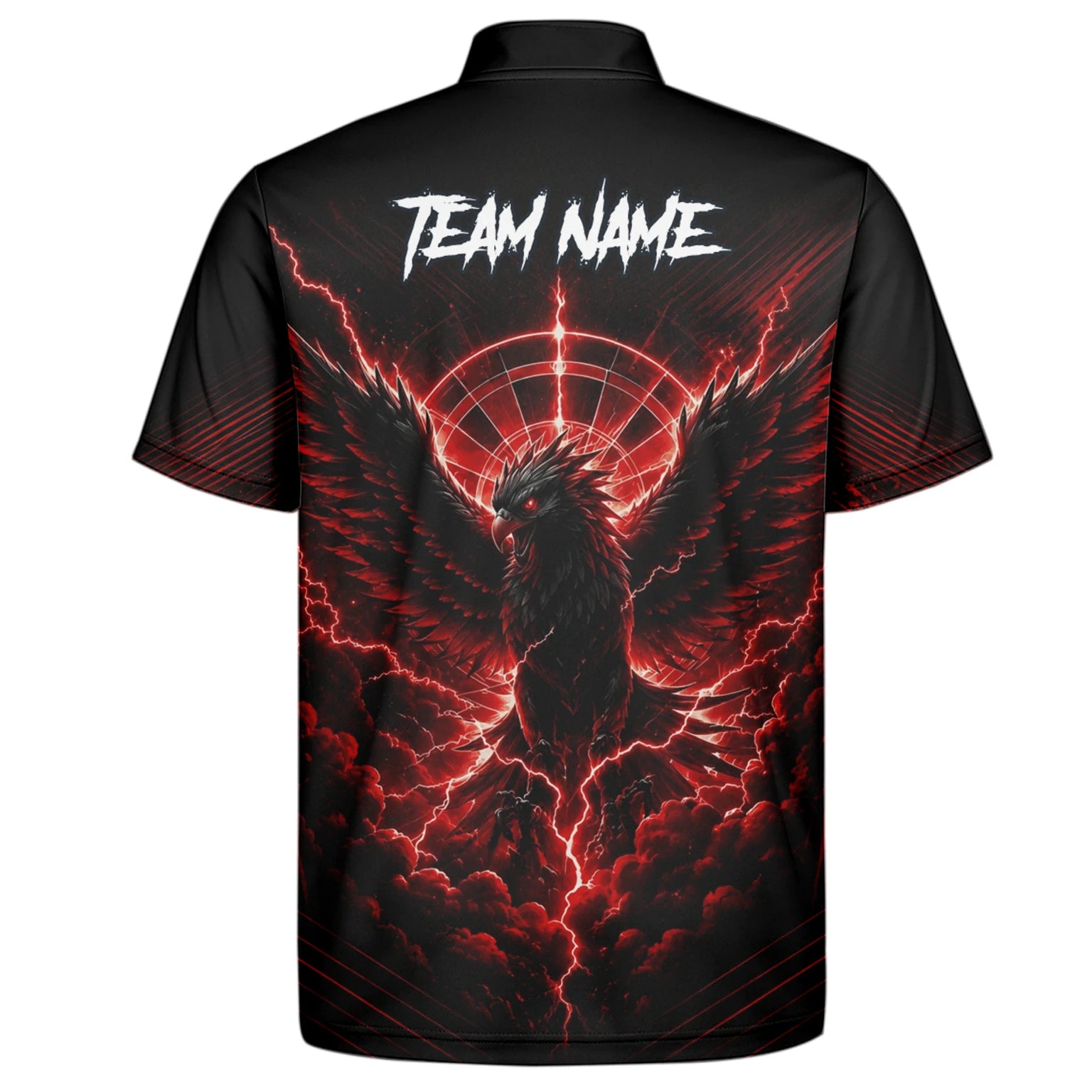 Personalisiertes Schwarz-rotes Phönix-Blitz-Dartboard Dartshirt für Herren J120