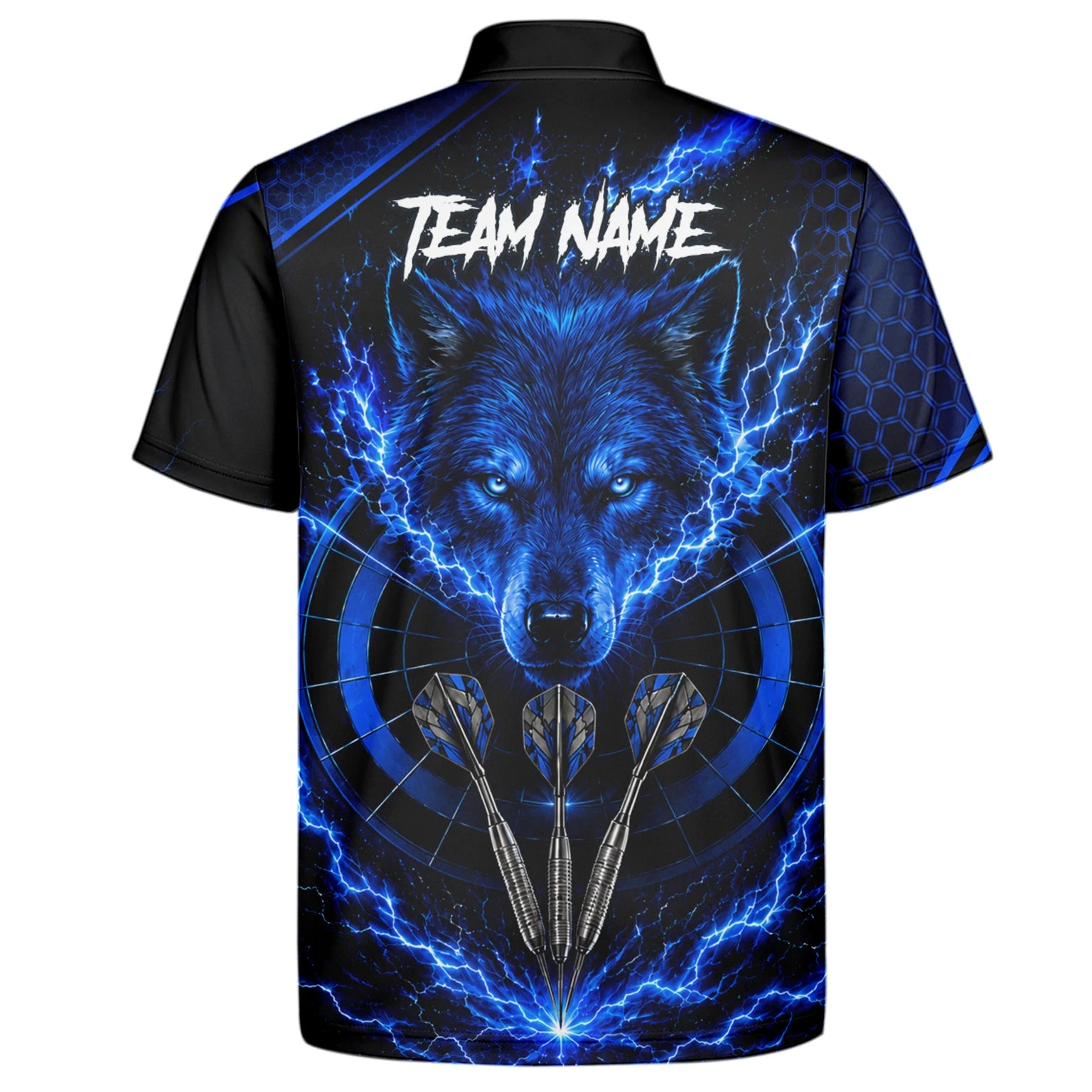Personalisiertes Schwarz-blaues Wolf-Blitz-Dartshirt für Herren Y375