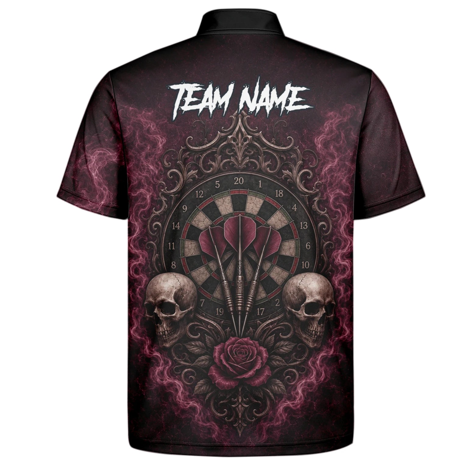 Personalisiertes Dunkelrot-schwarzes Totenkopf-Rosen-Dartshirt für Herren U786