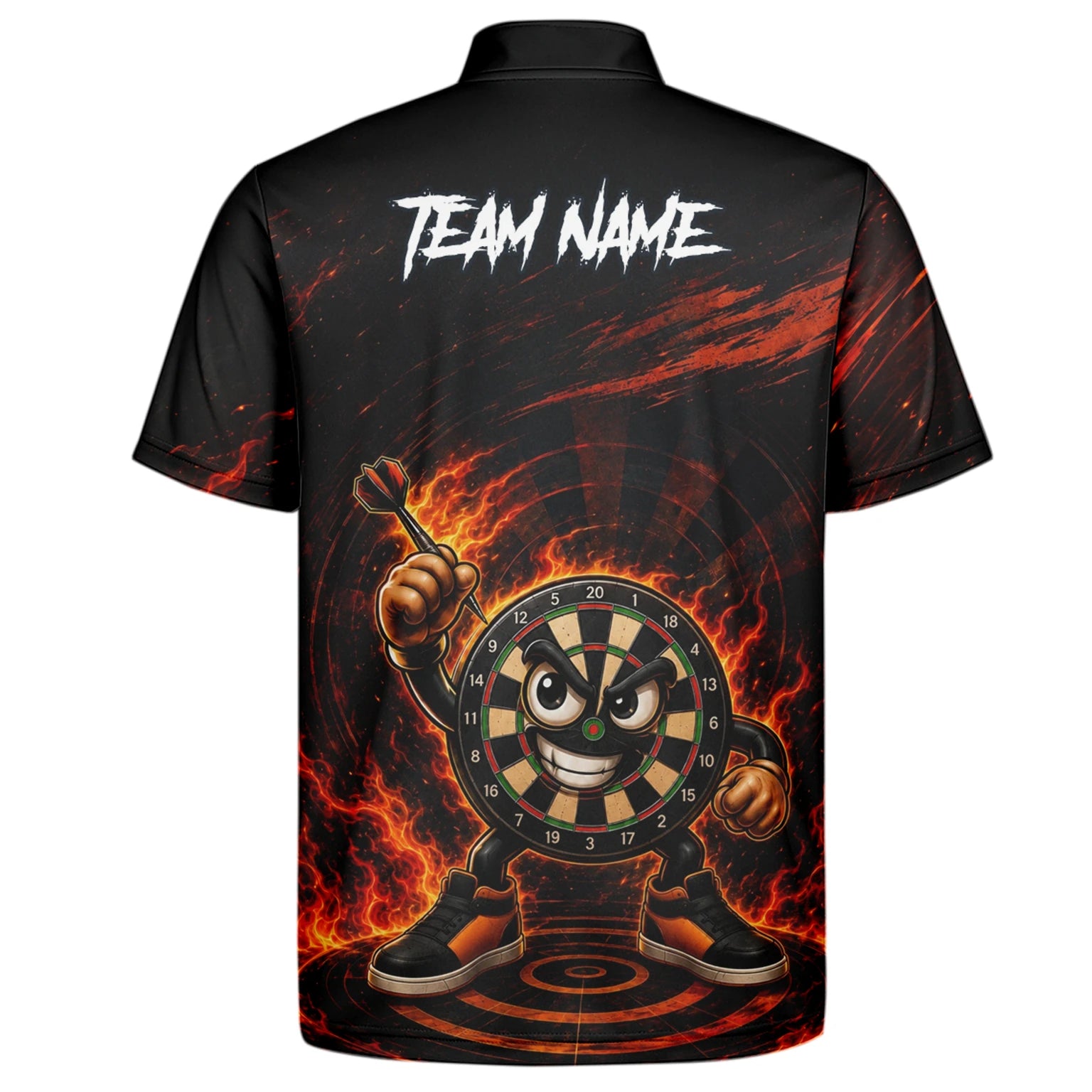 Personalisiertes Schwarz-rotes Flammen-Dartboard-Dartshirt für Herren W224