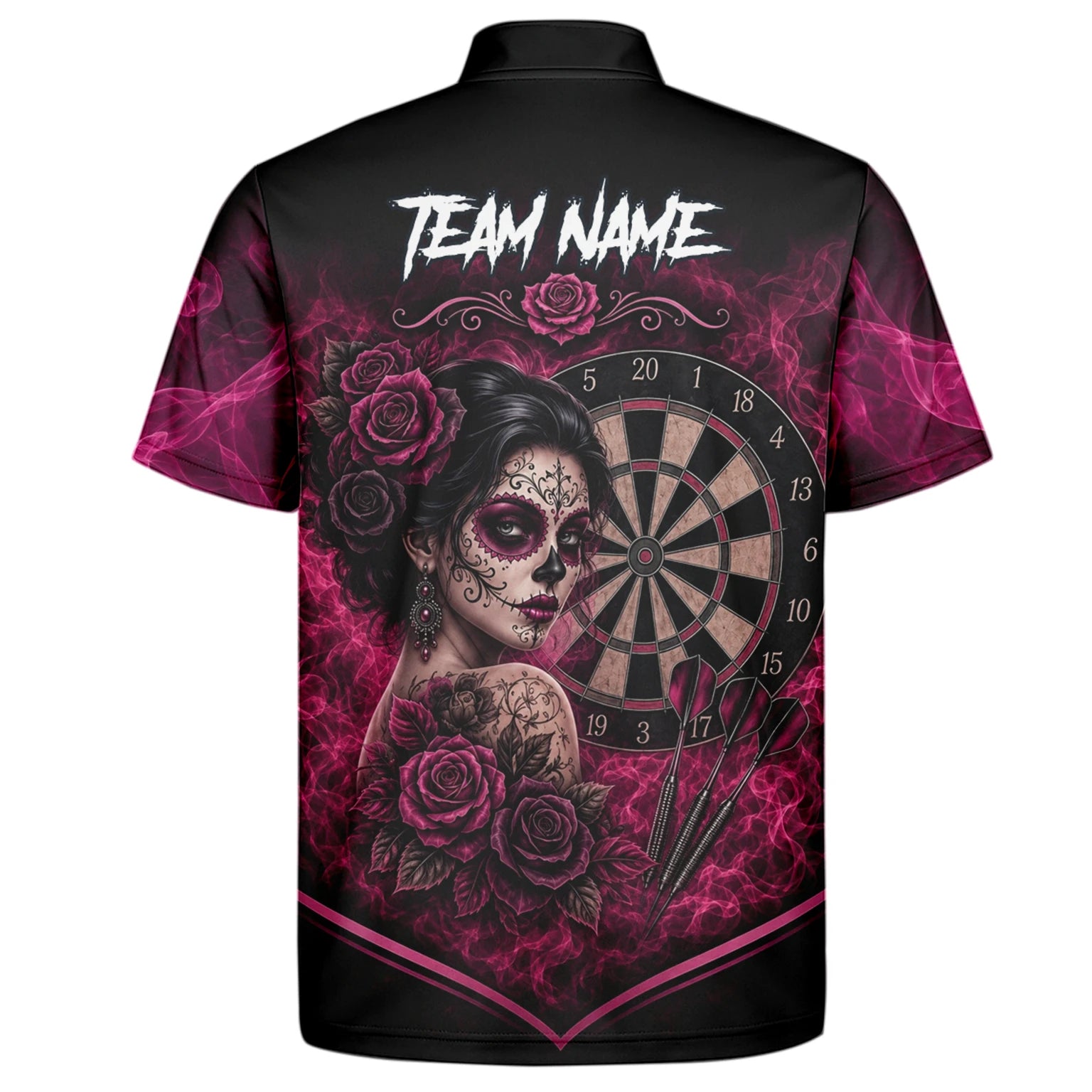 Personalisiertes Schwarz-pink Sugar-Skull-Rosen-Dartshirt für Herren Z109