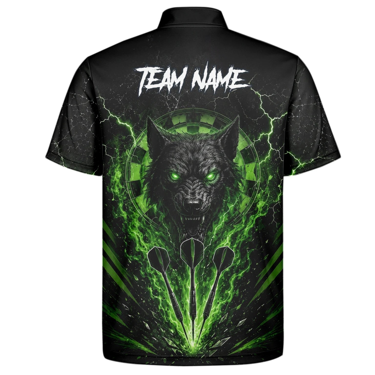 Personalisiertes Schwarz-grünes Wolf-Dartboard Dartshirt für Herren F303