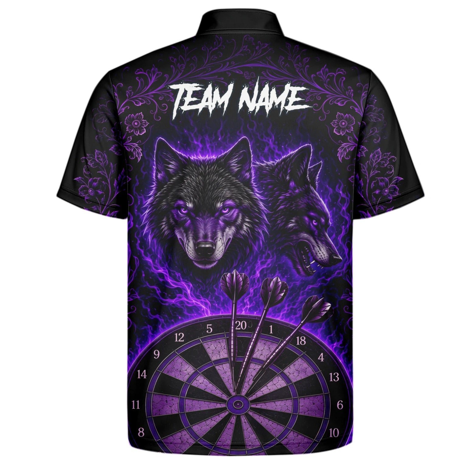 Personalisiertes Schwarz-lila Wolf-Dartboard Dartshirt für Herren J133